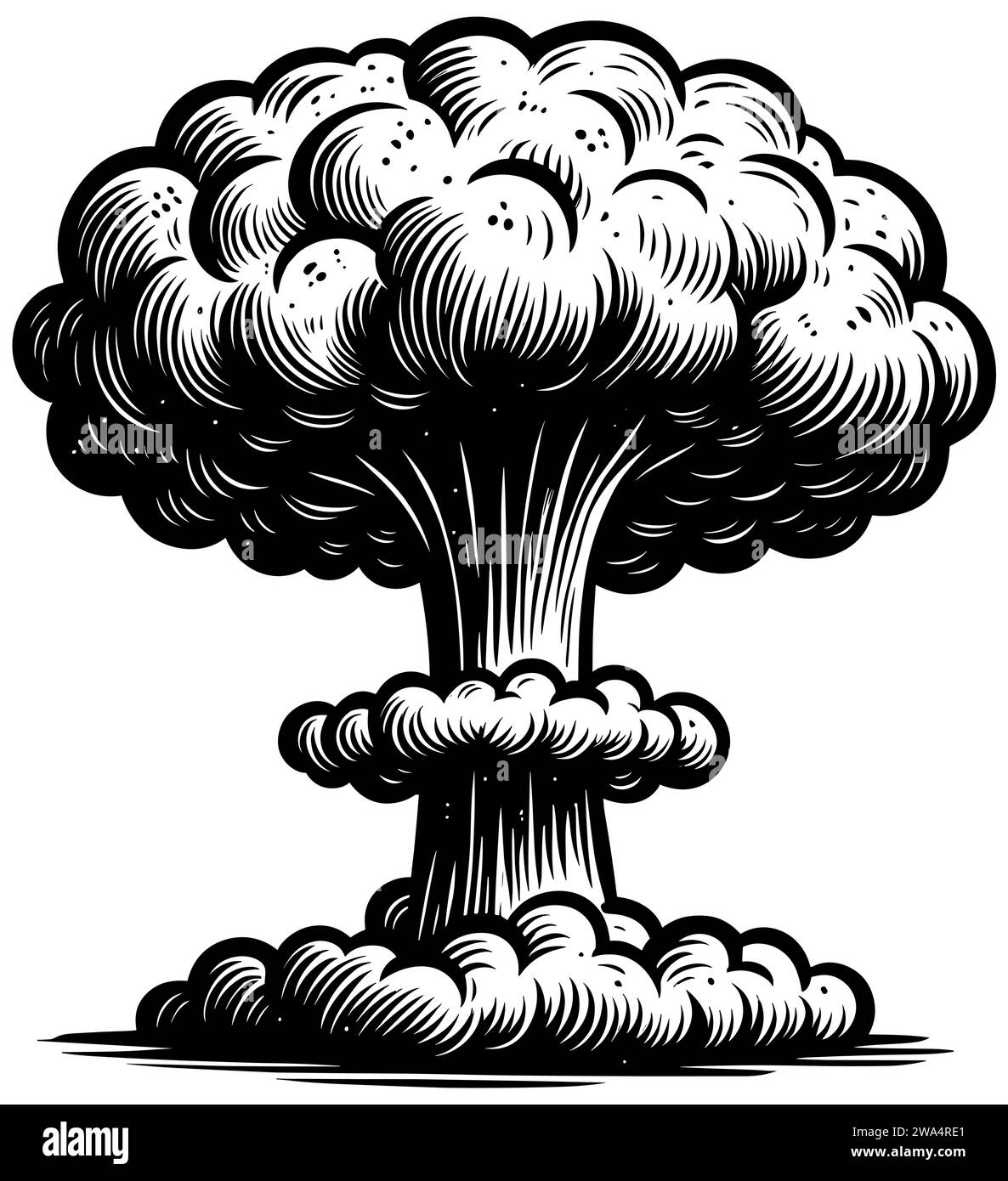 Nuclear explosion with mushroom cloud in woodcut style. Stock Vector