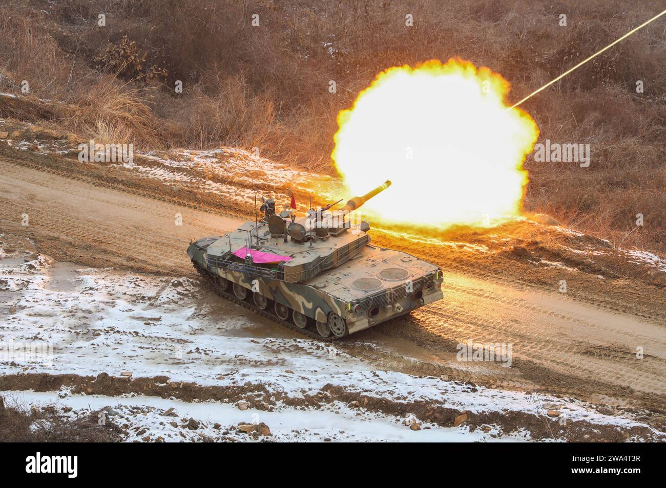 Seoul, South Korea. 2nd Jan, 2024. January 3, 2024-Seoul, South Korea-ROK Army Armored Brigade K1A2 Tanks take part in an live-fire drill near DMZ in Paju, South Korea. The Army conducted live-fire artillery and mechanized unit maneuver drills Tuesday to reinforce readiness against possible North Korean provocations in the new year, its officials said. (Credit Image: © Rok Army via ZUMA Press Wire) EDITORIAL USAGE ONLY! Not for Commercial USAGE! Stock Photo