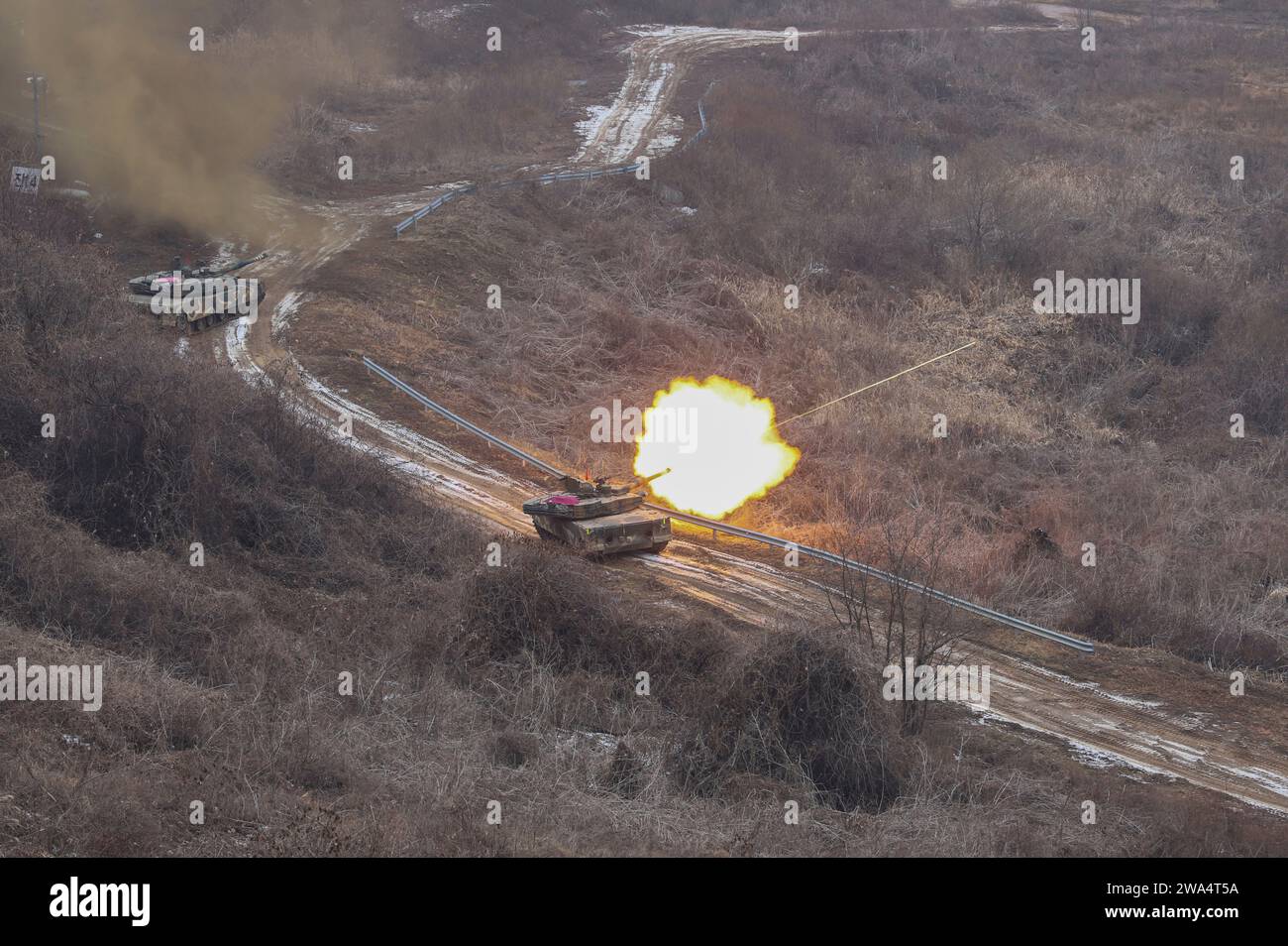 Seoul, South Korea. 2nd Jan, 2024. January 3, 2024-Seoul, South Korea-ROK Army Armored Brigade K1A2 Tanks take part in an live-fire drill near DMZ in Paju, South Korea. The Army conducted live-fire artillery and mechanized unit maneuver drills Tuesday to reinforce readiness against possible North Korean provocations in the new year, its officials said. (Credit Image: © Rok Army via ZUMA Press Wire) EDITORIAL USAGE ONLY! Not for Commercial USAGE! Stock Photo