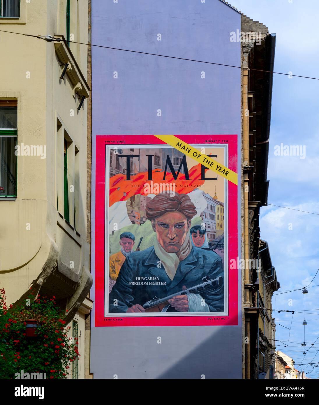 Hungarian Freedom Fighters on Time Magazine Cover January 7 1957 Graffiti on a building's wall in Wesselenyi utca, Budapest, Hungary Stock Photo