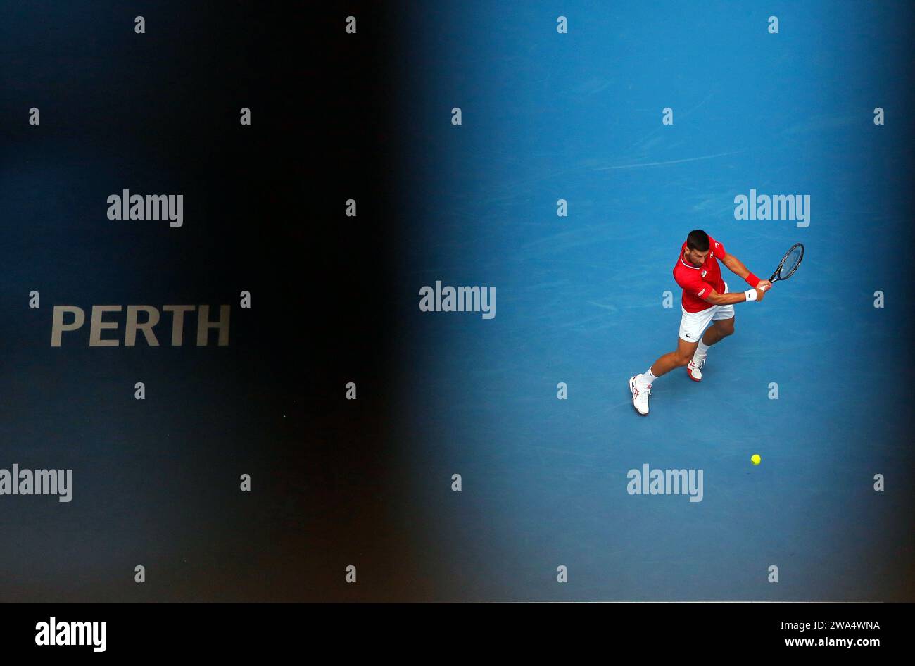 Perth, Australia. 2nd Jan, 2024. Novak Djokovic of Serbia hits a return