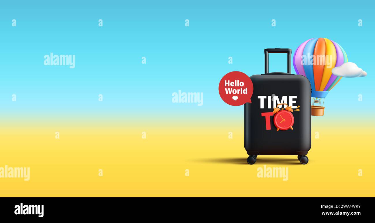 Travel concept with travel suitcase, hot air balloon and alarm clock, time to travel banner, render cartoon style composition for poster Stock Vector