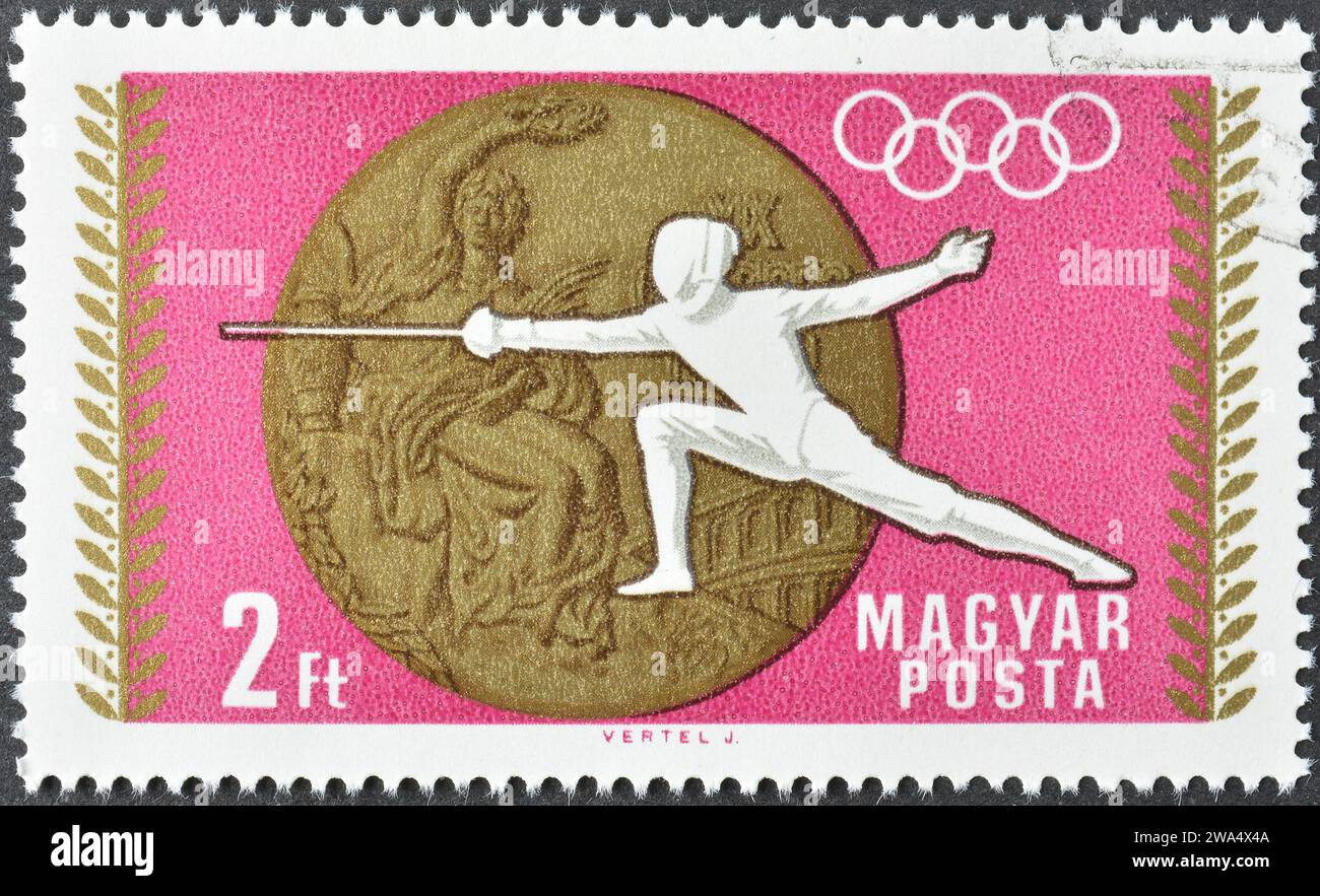 Cancelled postage stamp printed by Hungary, that shows Fencing, Summer