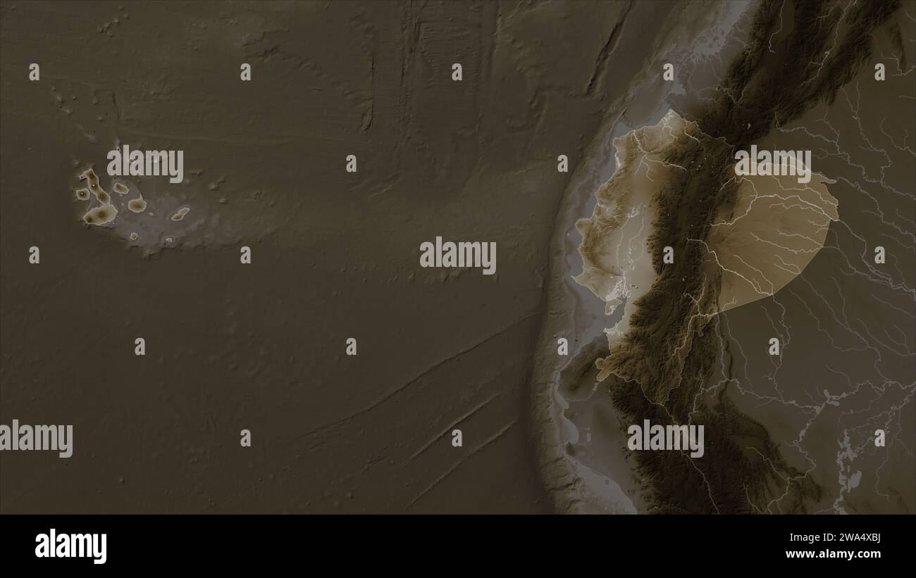 Ecuador With Galapagos Islands Highlighted On A Elevation Map Colored Ecuador With Galapagos Islands Highlighted On A Elevation Map Colored In Sepia Tones With Lakes And Rivers 2WA4XBJ