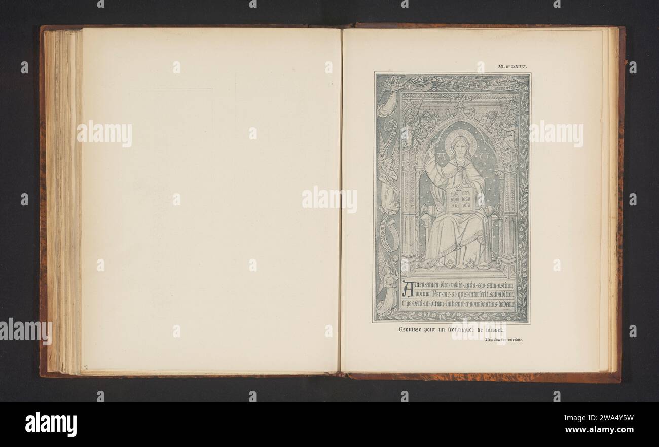 Reproduction of a sketch of a design by a frontispiece for a liturgical book, depicted Christ on a throne, Joseph Casier (Possible), After Anonymous, c. 1891 - In or Before 1896 photomechanical print   paper  frontispiece. Christ enthroned Stock Photo