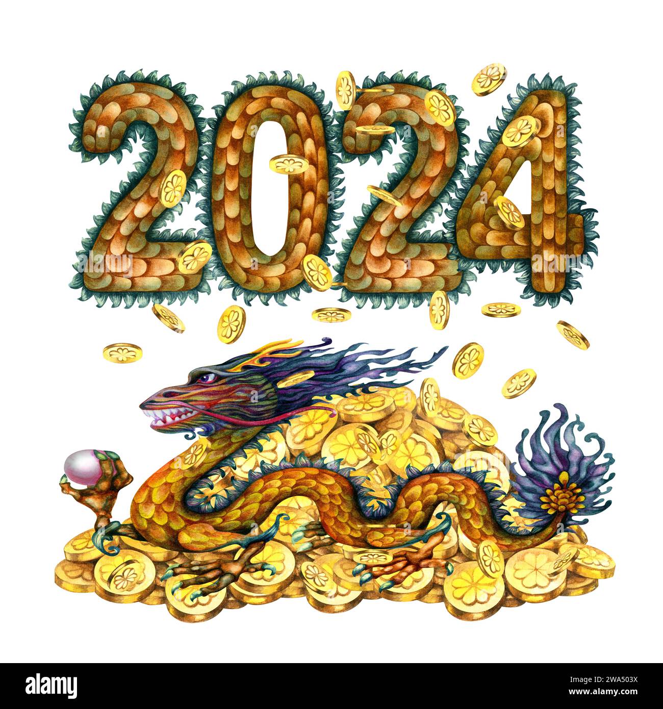Watercolor green wooden dragon with magic pearl, numbers 2024 with dragon scales texture and gold coins with hand drawn clover. Lunar New Year symbol Stock Photo