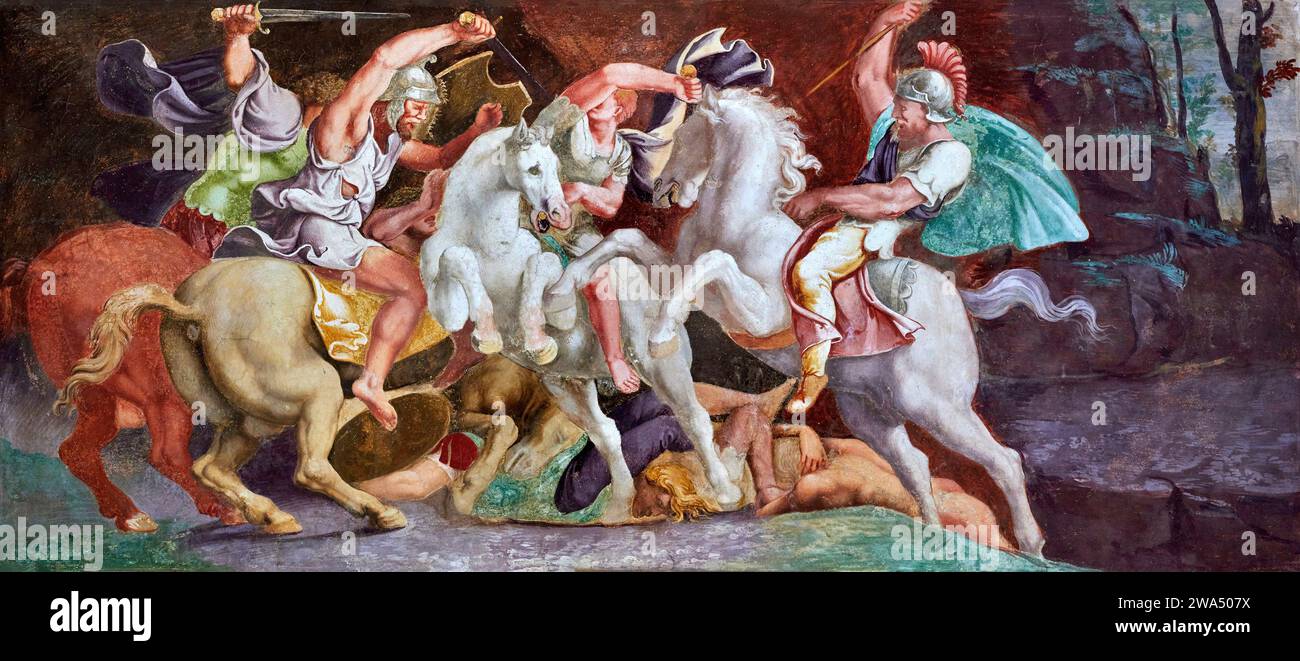 Battaglia  - affresco della Loggia del Giardino Segreto  - Giulio Romano e collaboratori  - 1525-1535   - Mantova, Palazzo Te Stock Photo