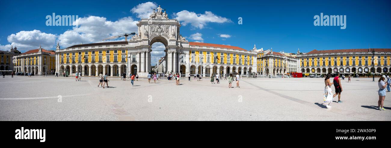 Arco da Rua Augusta at Praca do Comercio (Commerce Plaza), Lisbon, Portugal The Rua Augusta Arch is a stone, memorial arch-like, historical building a Stock Photo