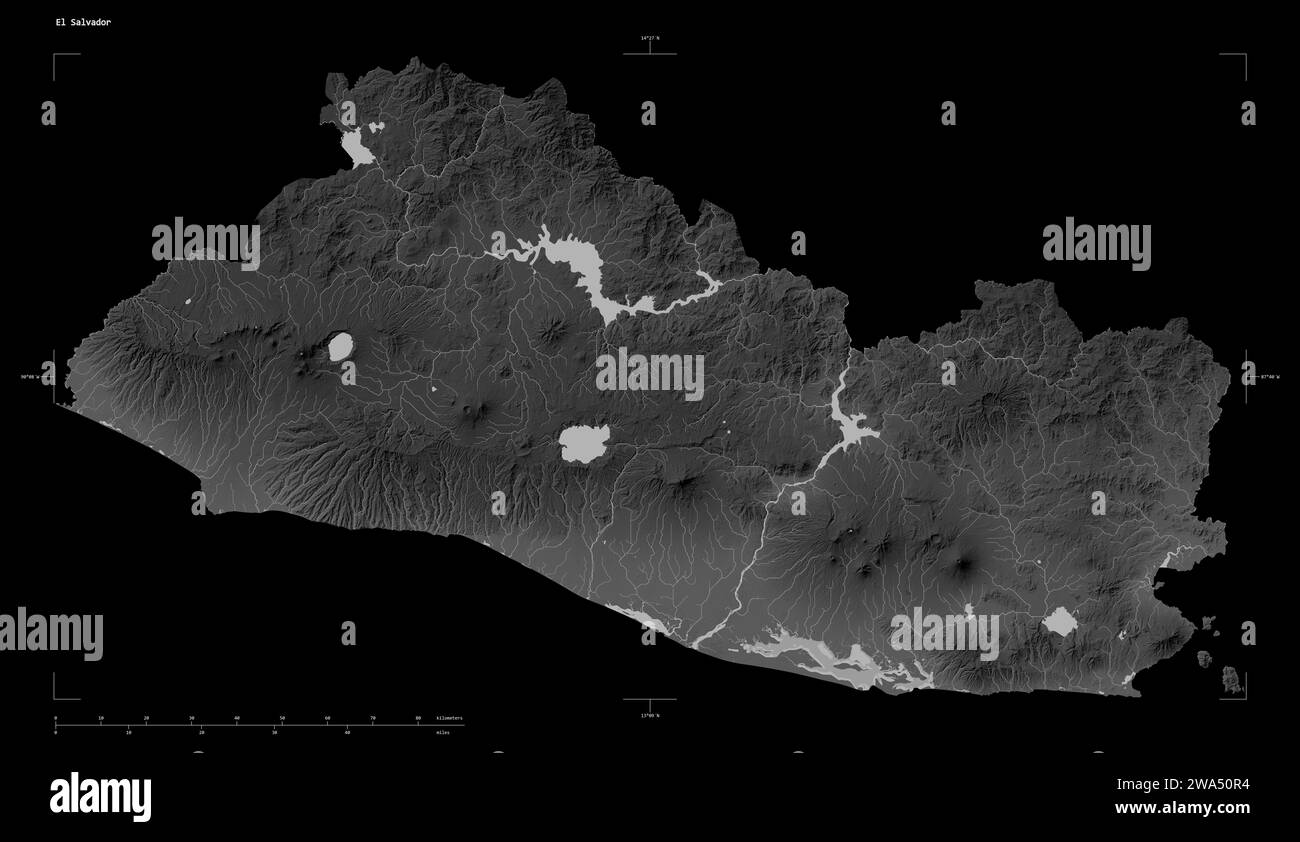 Shape of a Grayscale elevation map with lakes and rivers of the El Salvador, with distance scale and map border coordinates, isolated on black Stock Photo