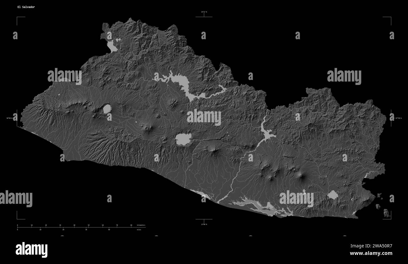 Shape of a Bilevel elevation map with lakes and rivers of the El Salvador, with distance scale and map border coordinates, isolated on black Stock Photo