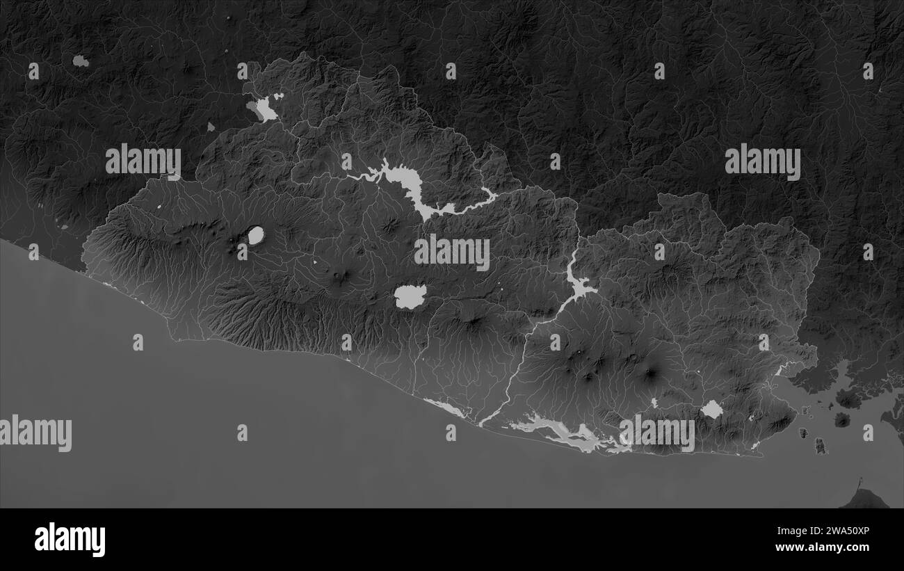 El Salvador highlighted on a Grayscale elevation map with lakes and rivers Stock Photo