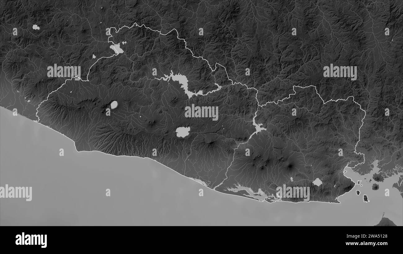 El Salvador outlined on a Grayscale elevation map with lakes and rivers Stock Photo