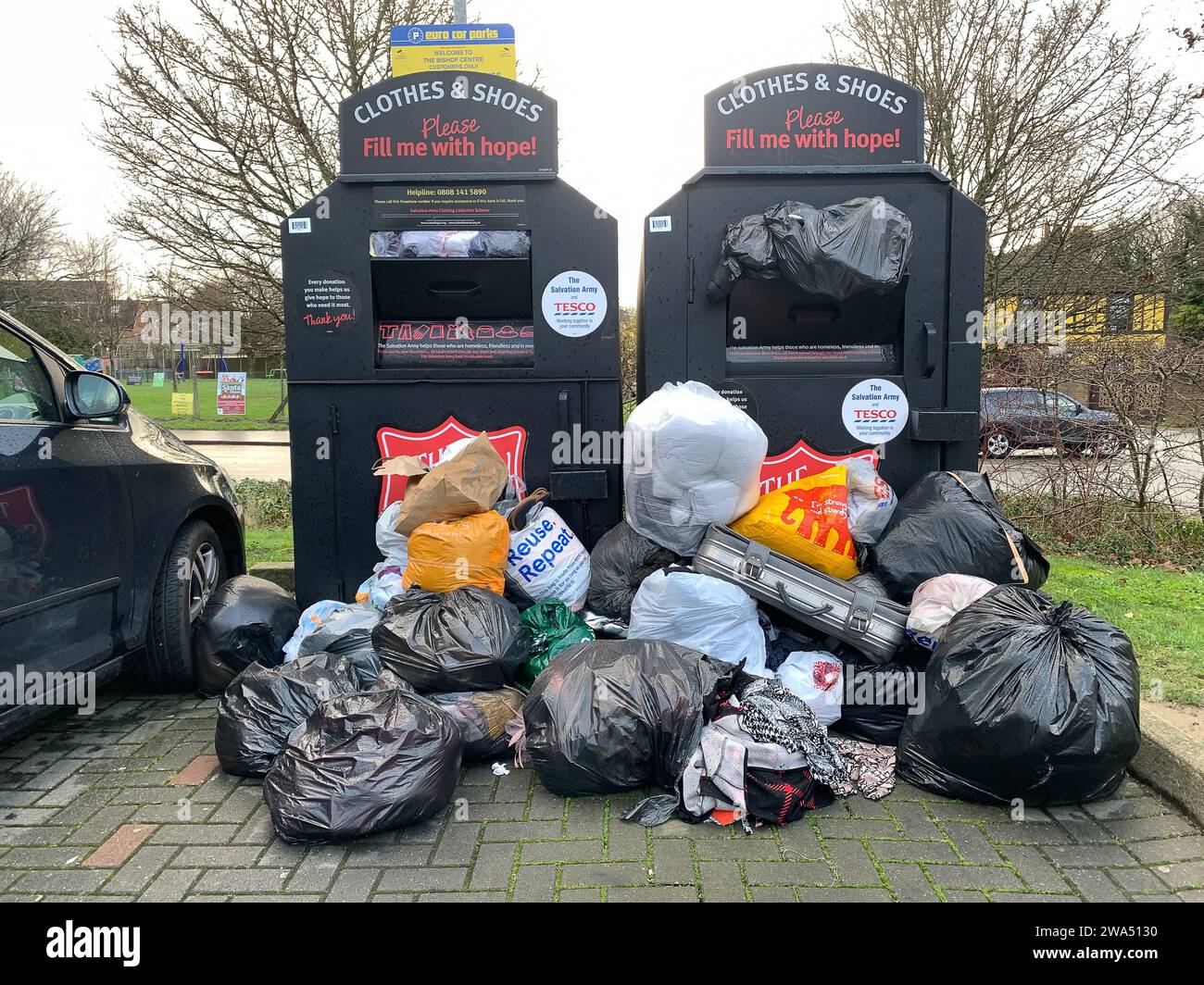 Taplow, UK. 31st December, 2023. Clothes fly tipped next to Salvation