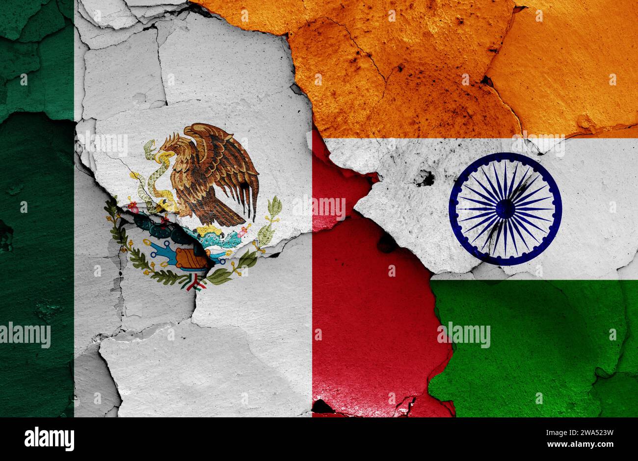 flags of Mexico and India painted on cracked wall Stock Photo - Alamy