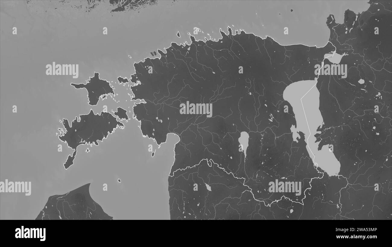 Estonia outlined on a Grayscale elevation map with lakes and rivers Stock Photo
