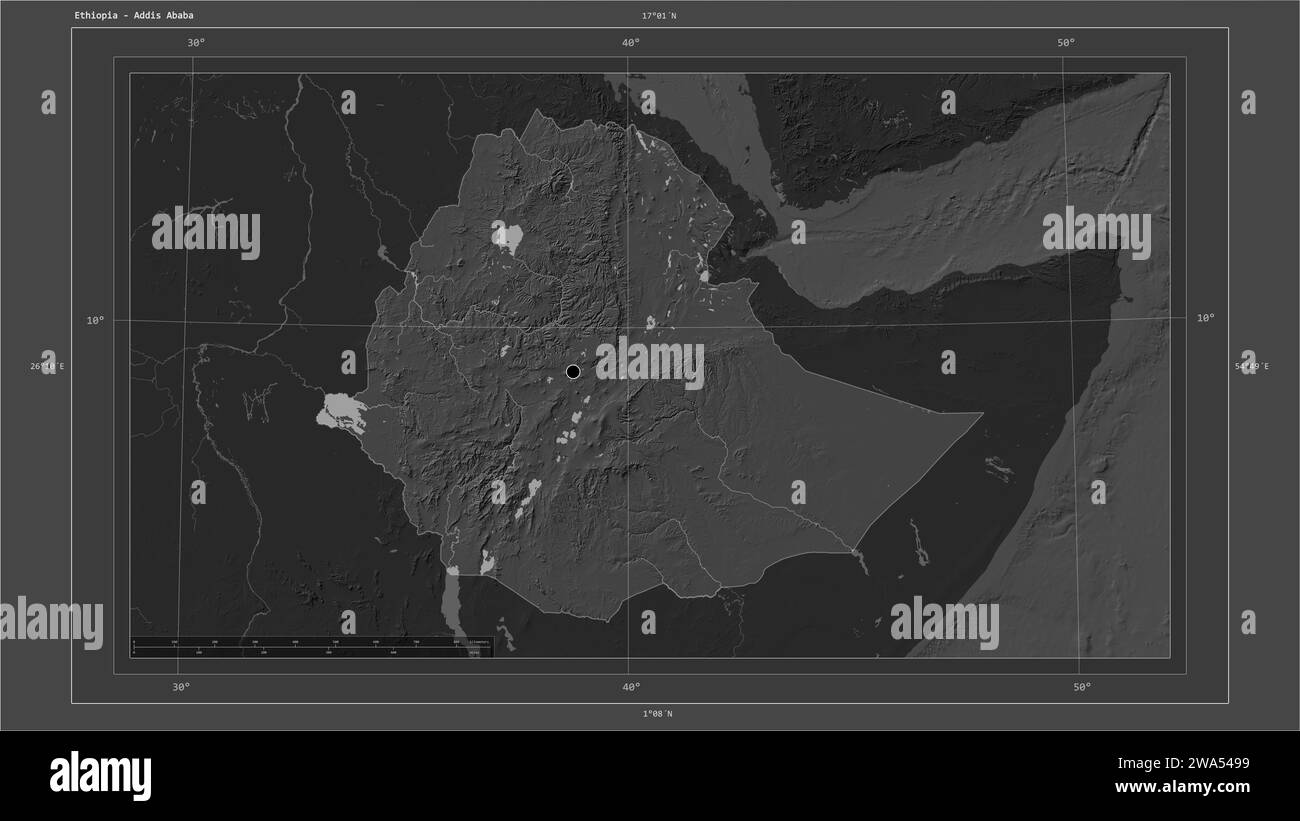 Ethiopia highlighted on a Bilevel elevation map with lakes and rivers map with the country's