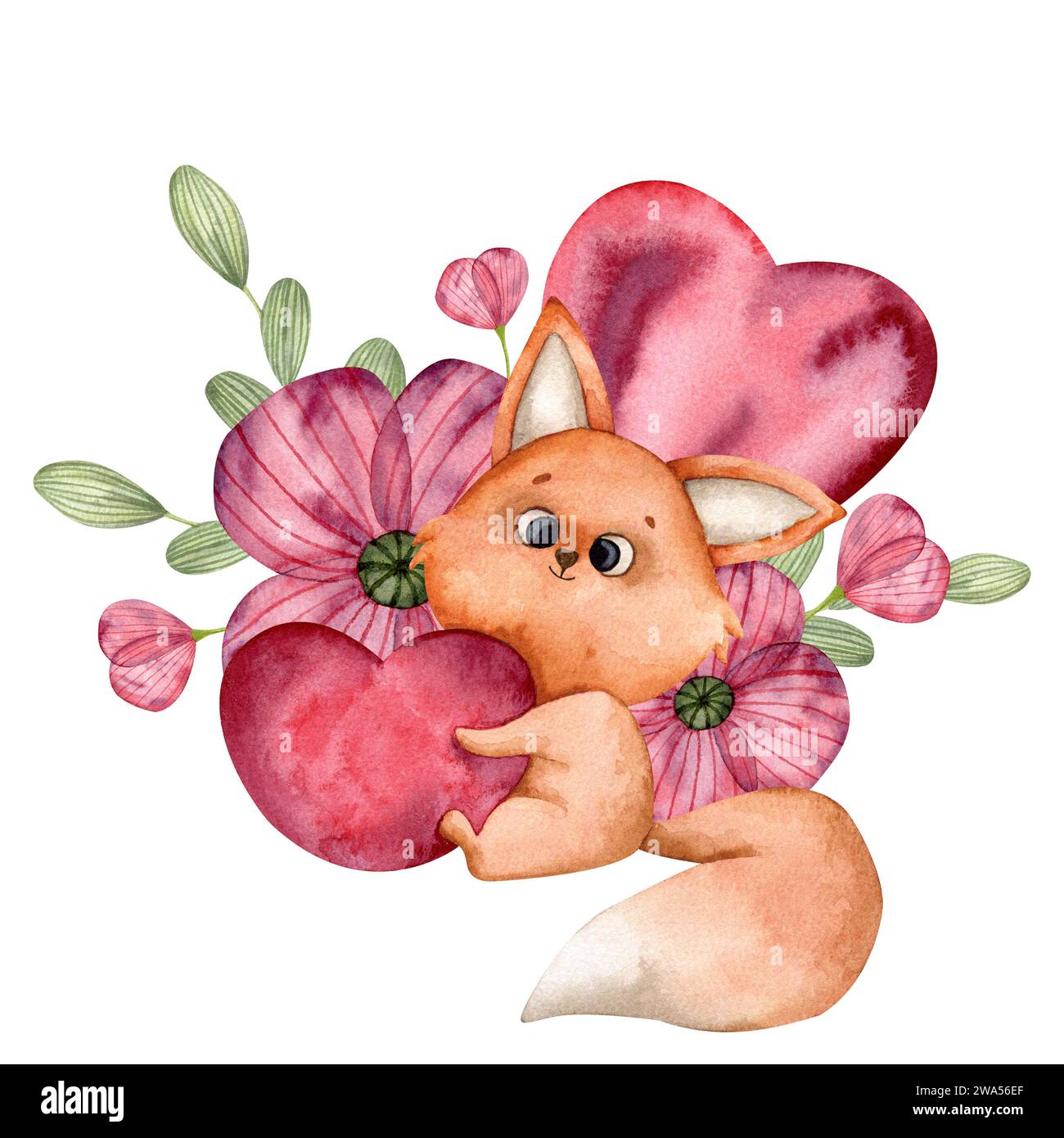 A hand-drawn watercolor illustration with a fox, flowers and a heart. Composition for decoration and design of souvenirs, posters, postcards, prints. Stock Photo