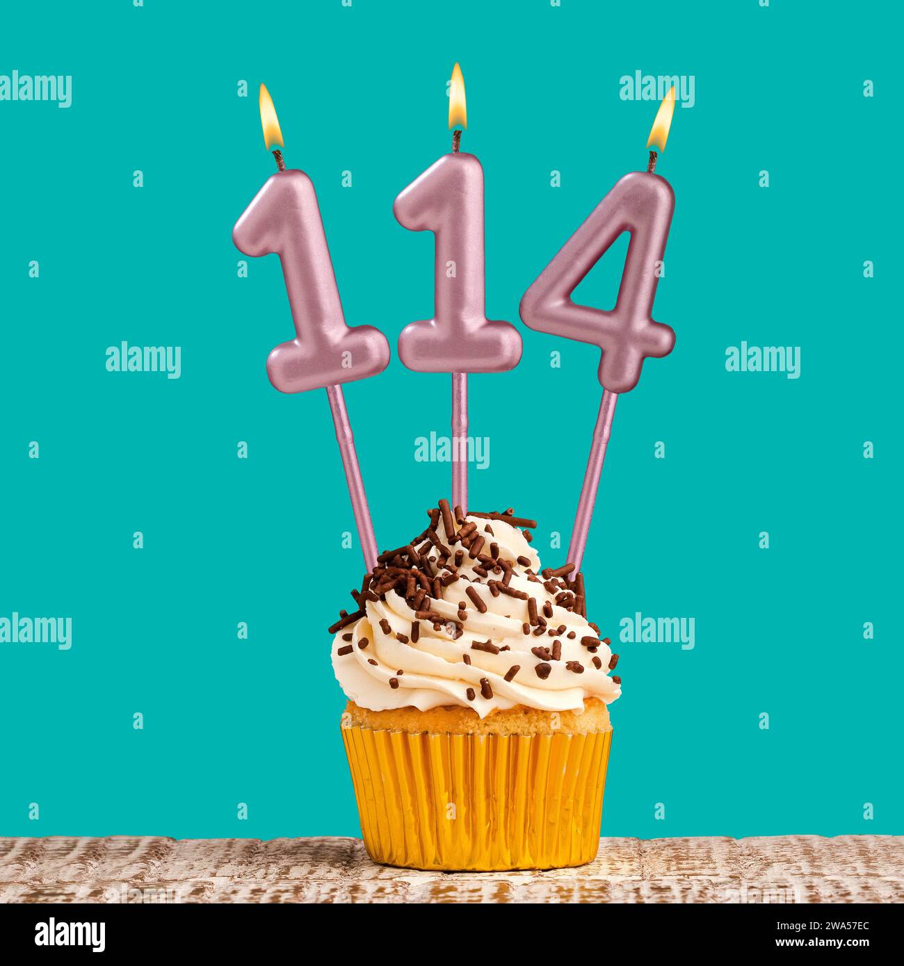 Birthday card with number 114 candle on aquamarine background Stock ...