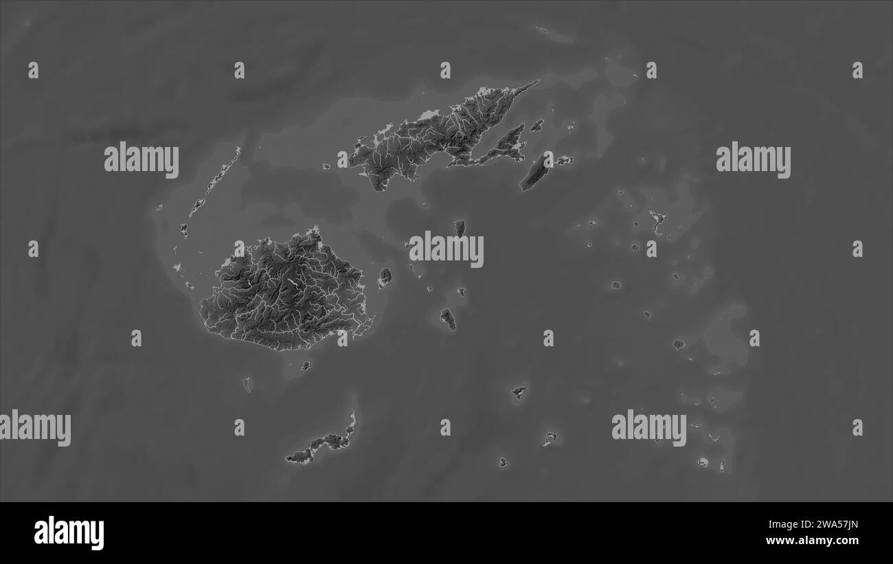 Fiji highlighted on a Grayscale elevation map with lakes and rivers Stock Photo