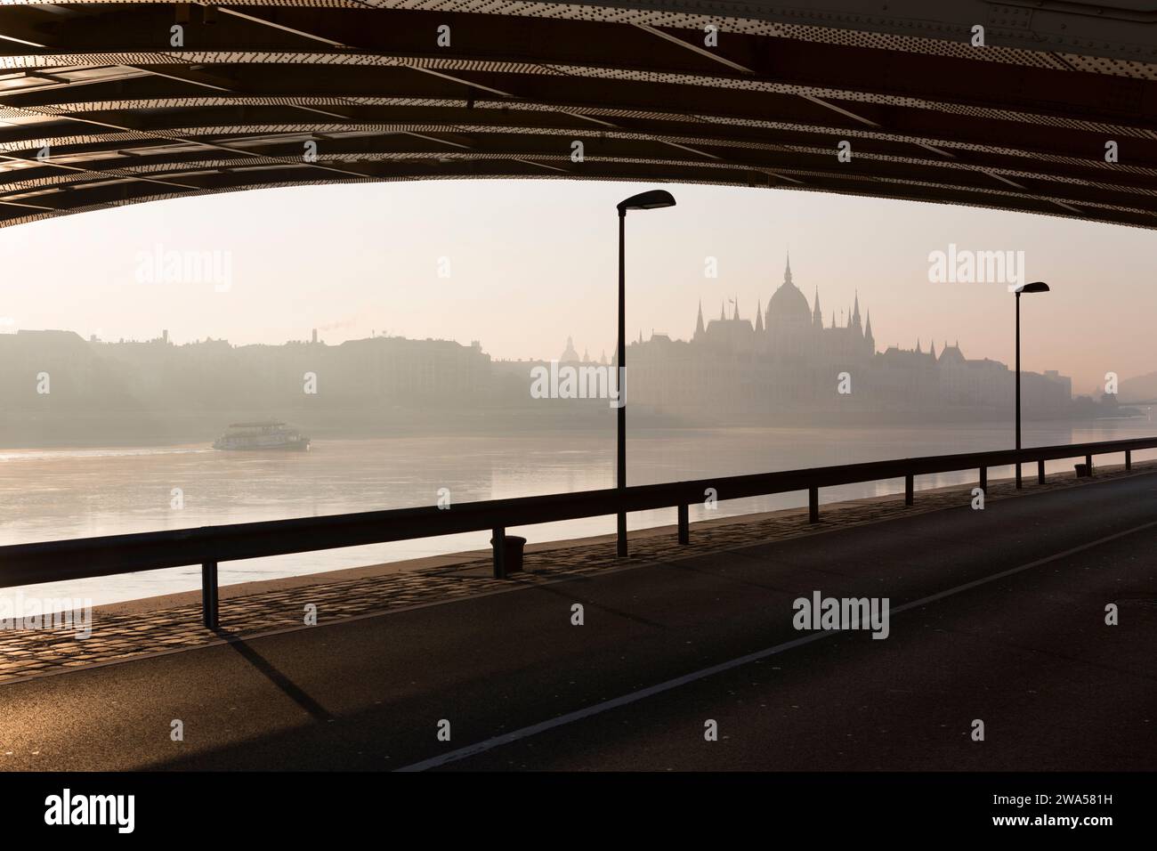 Hungary, Budapest, view of Parliament over the Danube in the early morning from underneath the Margaret Bridge. Stock Photo