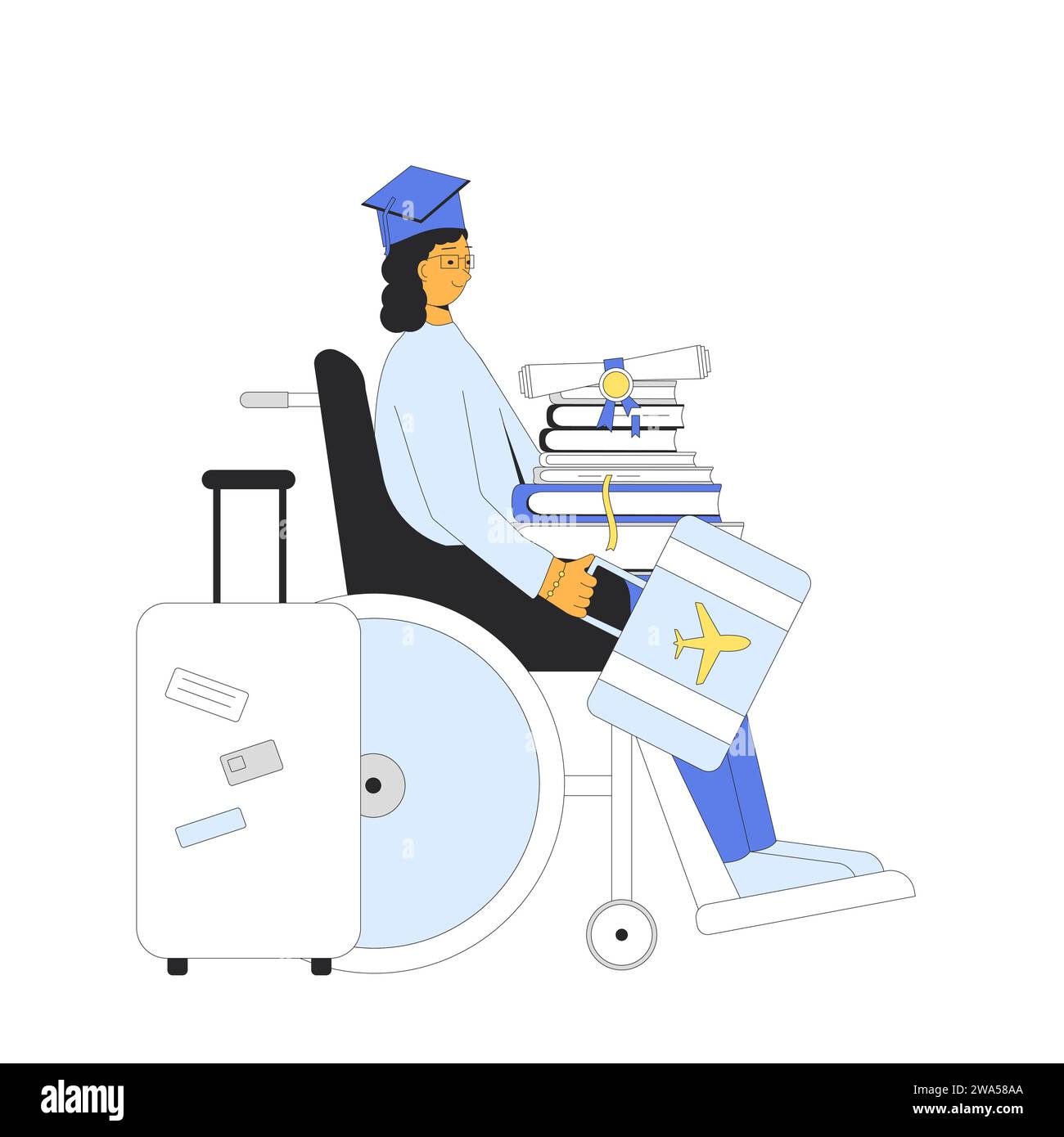 Graduate in wheelchair traveling abroad. Brain drain metaphor