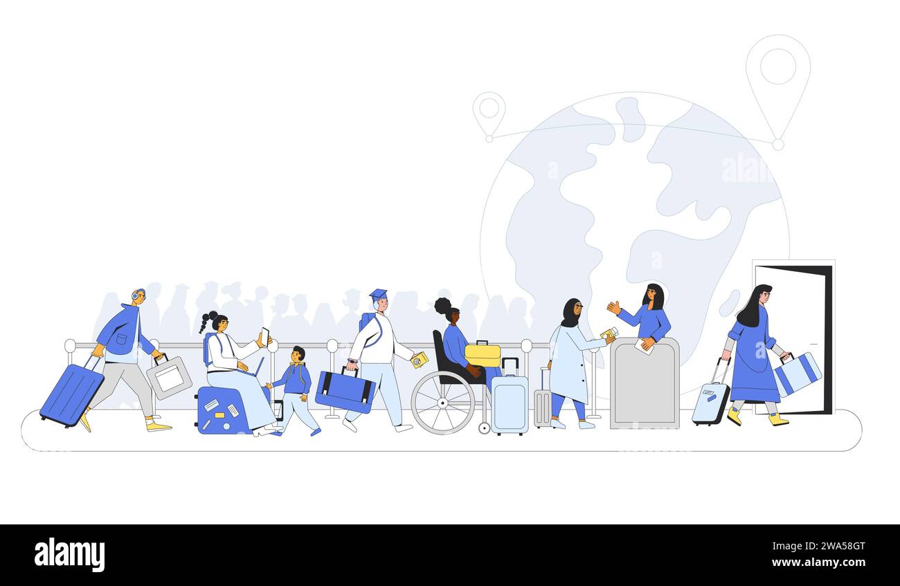 Immigration law. Group of people with baggage waiting to board a flight at an airport. Travelers