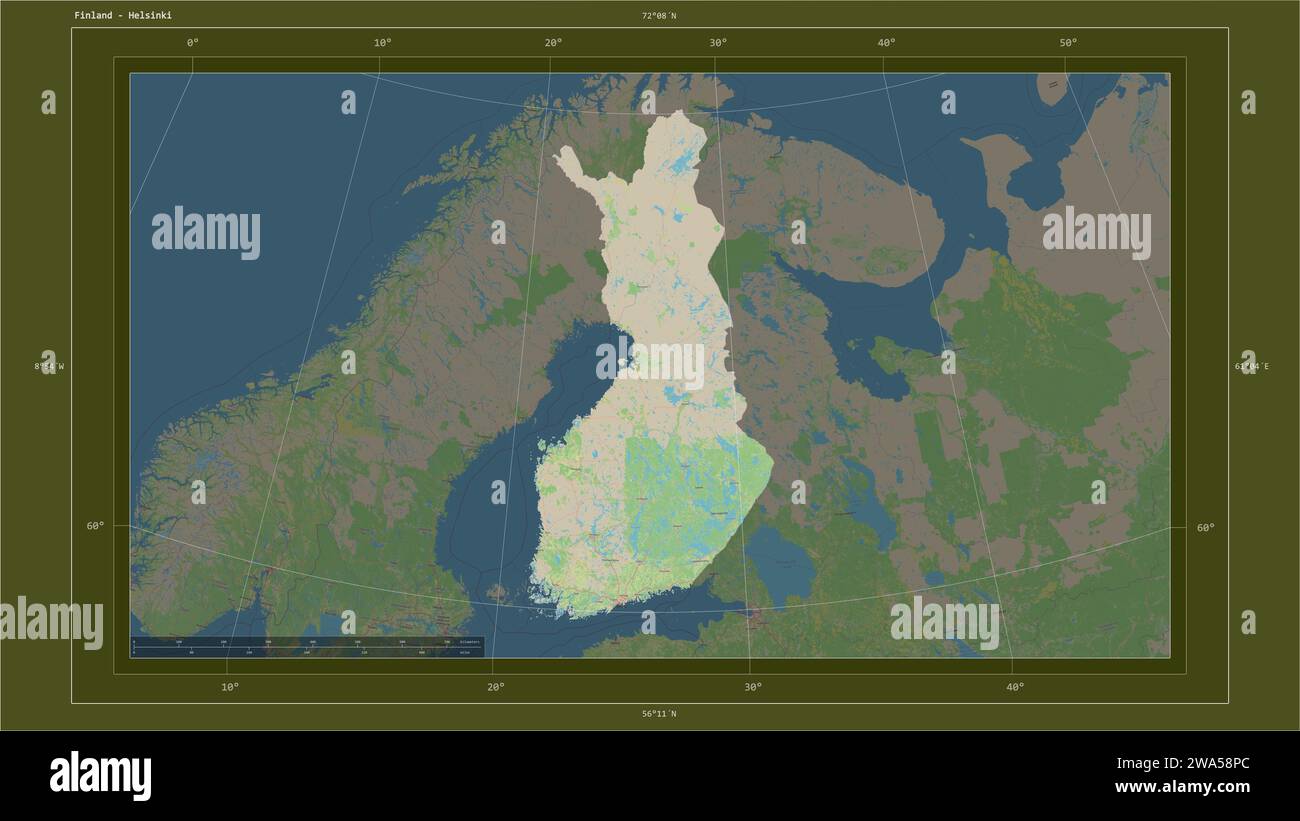 Finland highlighted on a topographic, OSM standard style map map with the country's capital point, cartographic grid, distance scale and map border co Stock Photo