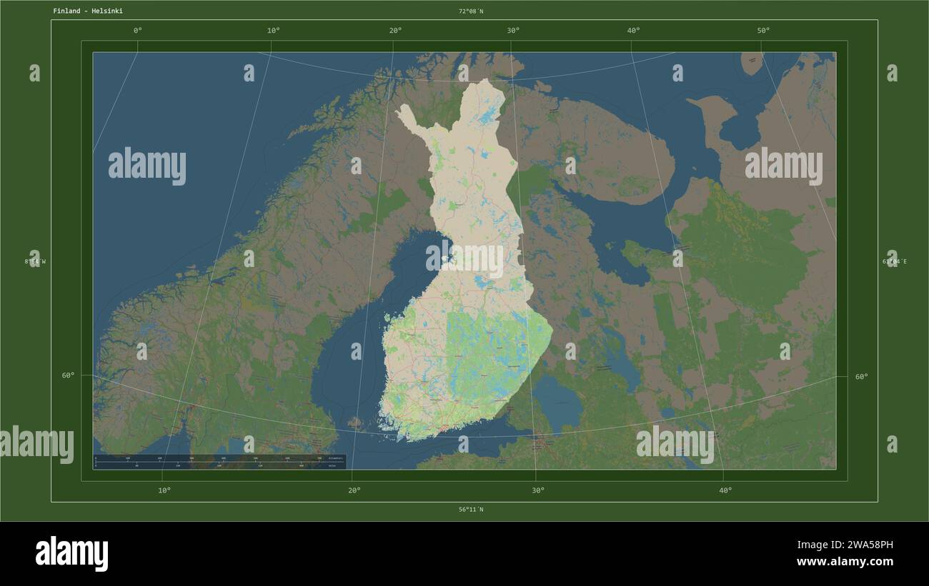 Finland highlighted on a topographic, OSM Germany style map map with the country's capital point, cartographic grid, distance scale and map border coo Stock Photo