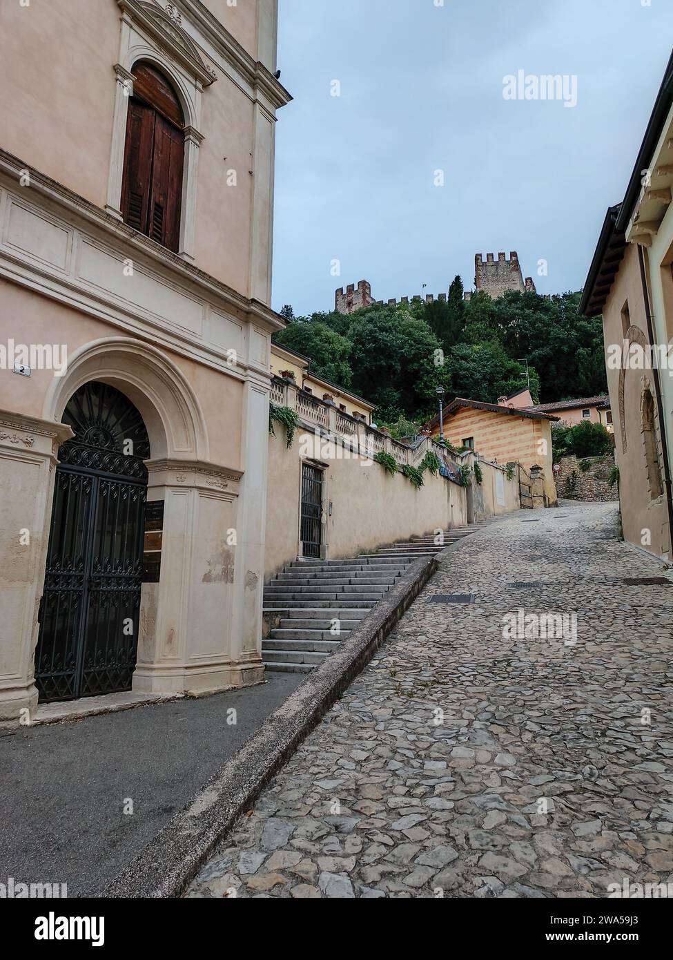 the climb from the historic center of the town to the Soave castle. Stock Photo