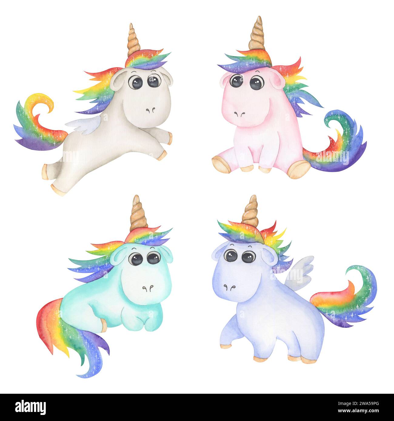 Cute multi colored unicorns with rainbow mane and tail Stock Photo - Alamy