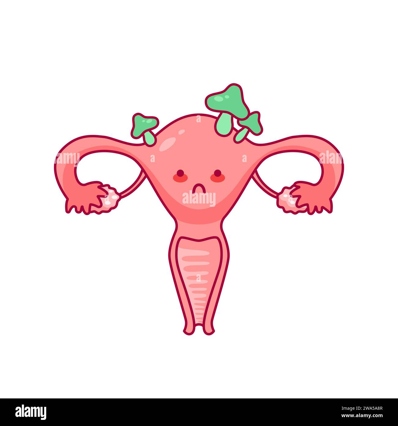 Uterus. Cute sad cartoon character in kawaii style. Fungal disease, candidiasis. Women Health. Female reproductive system, cycle. anatomy, cervix, ova Stock Vector