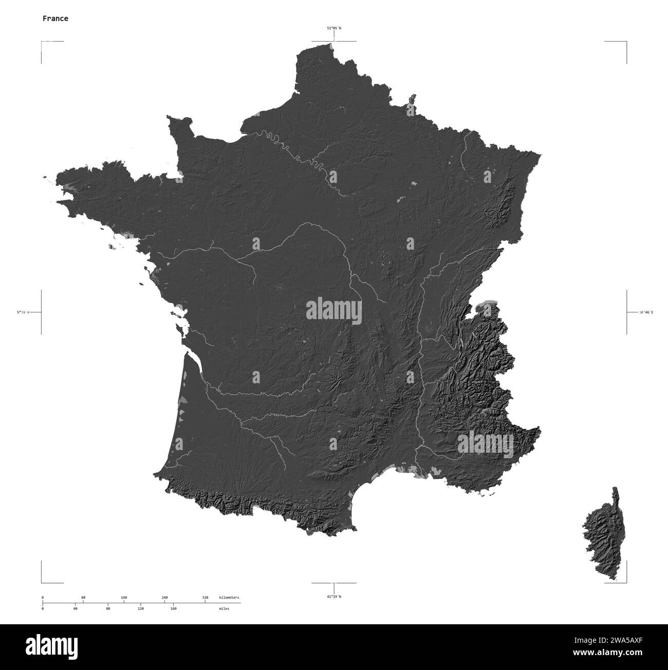 Shape of a Bilevel elevation map with lakes and rivers of the France ...