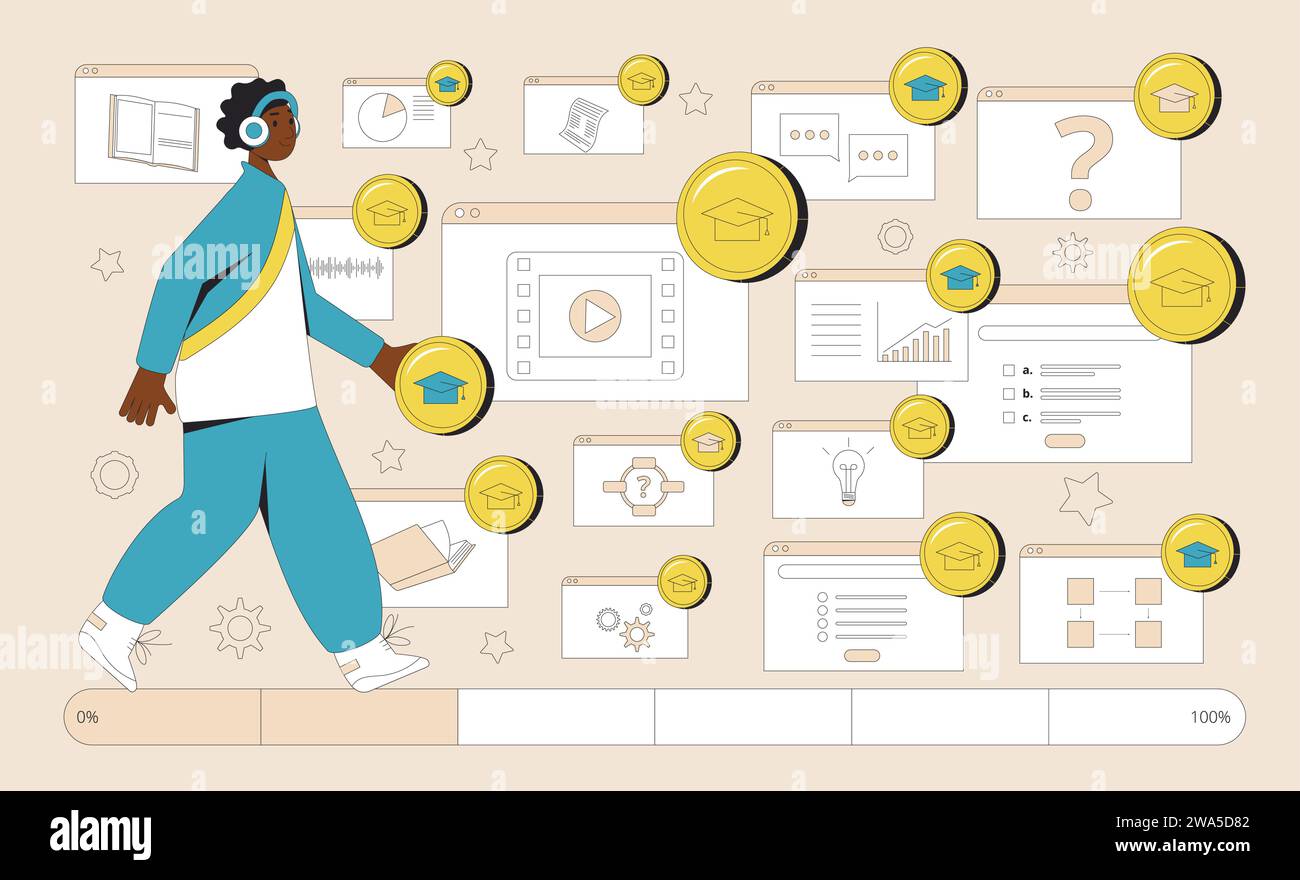 Gamification in learning progress. Engagment and motivation in education. Learning management system. Vector illustration. Stock Vector