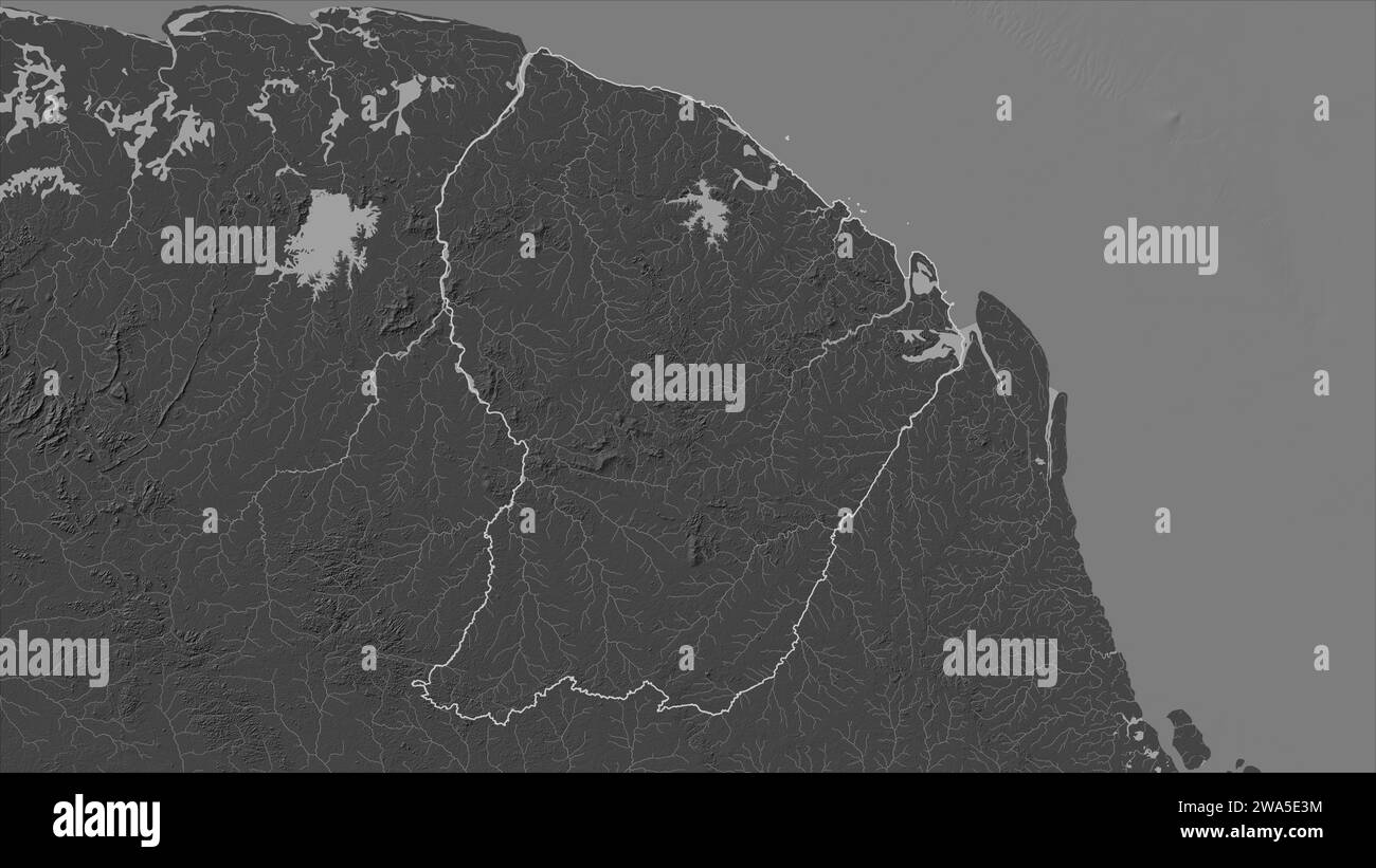 French Guiana outlined on a Bilevel elevation map with lakes and rivers