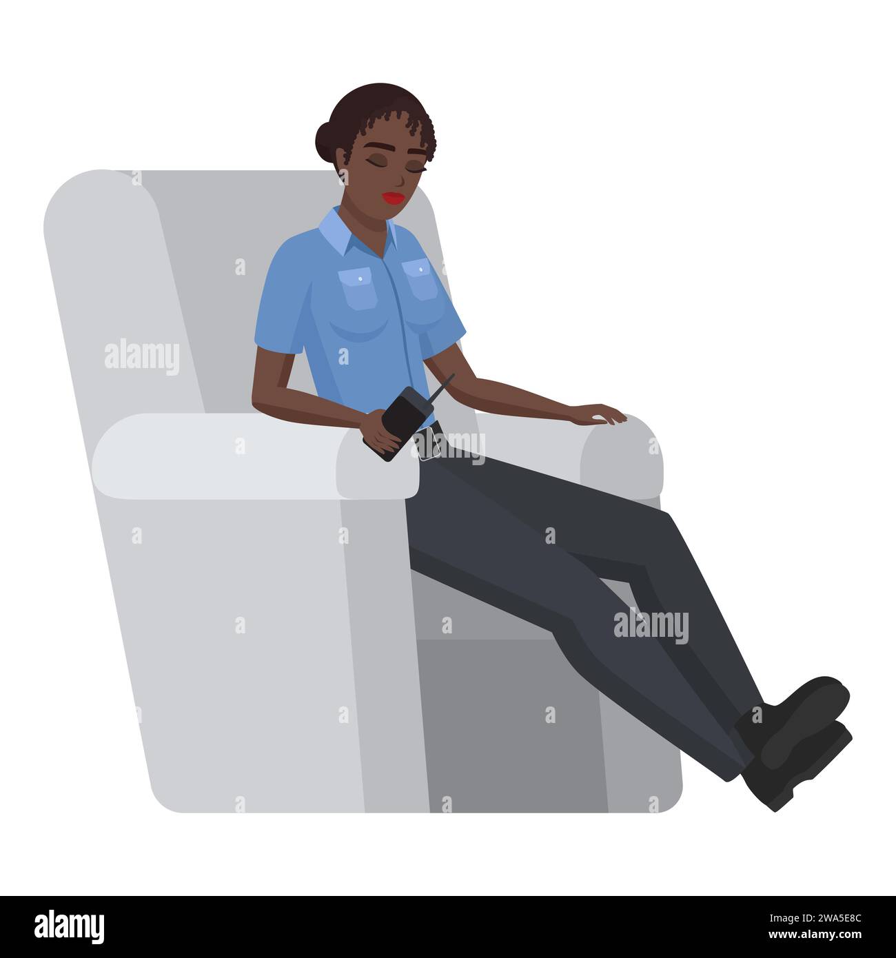 Sleeping black police woman in armchair. Relaxed police officer cartoon vector illustration Stock Vector