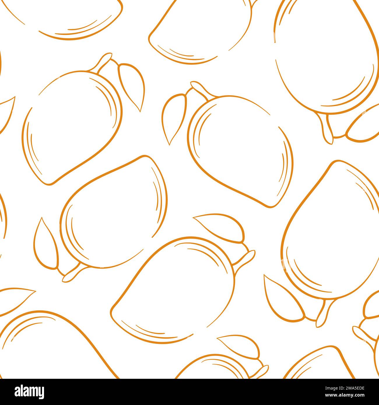 Mango seamless pattern in line art style. Hand drawn mango background. Vector illustration on a white background. Stock Vector
