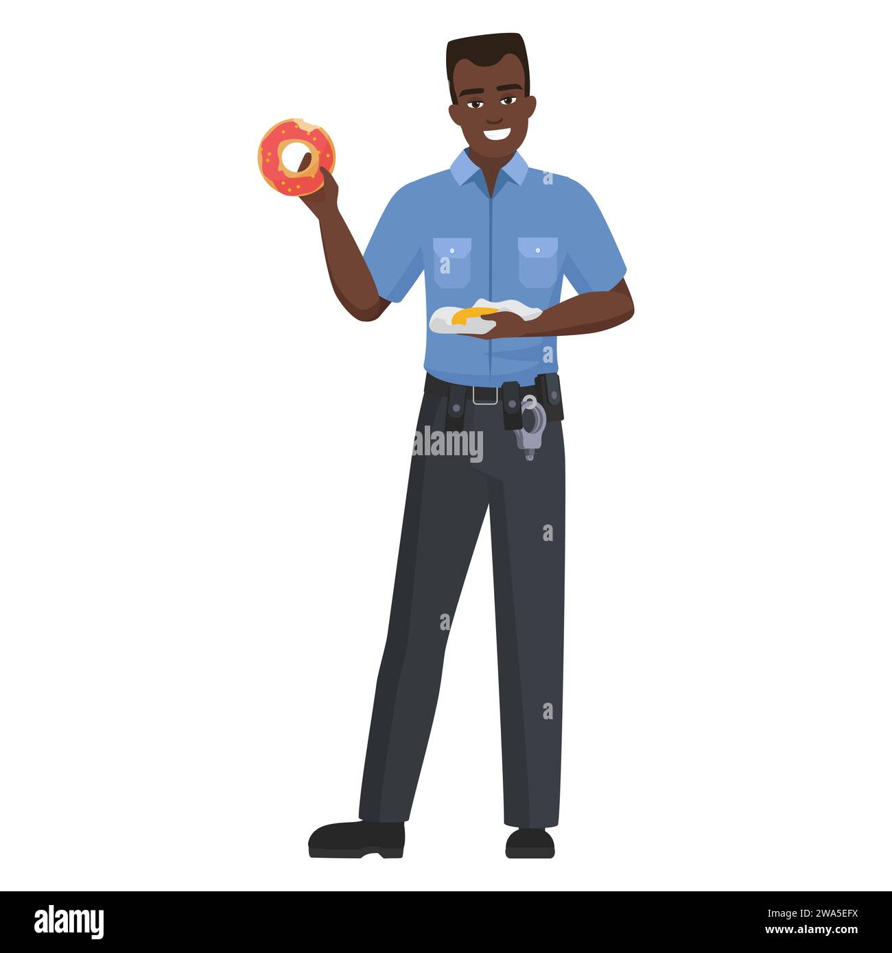 Smiling black policeman eats donut. Police officer having breakfast cartoon vector illustration Stock Vector