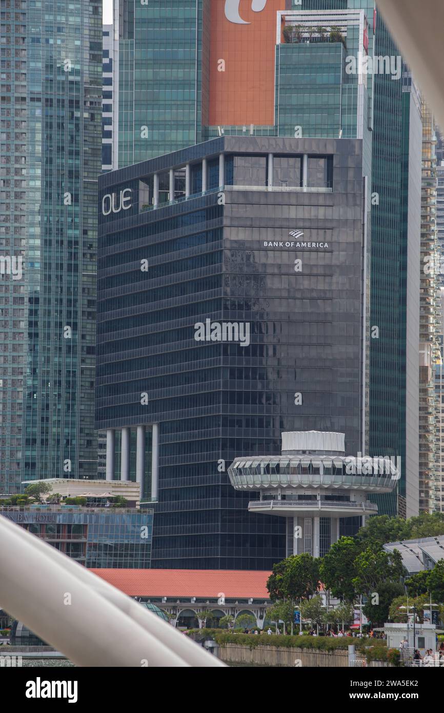 Black colour architecture facade of OUE Bayfront and Bank of America  signage and logo, Singapore Stock Photo - Alamy