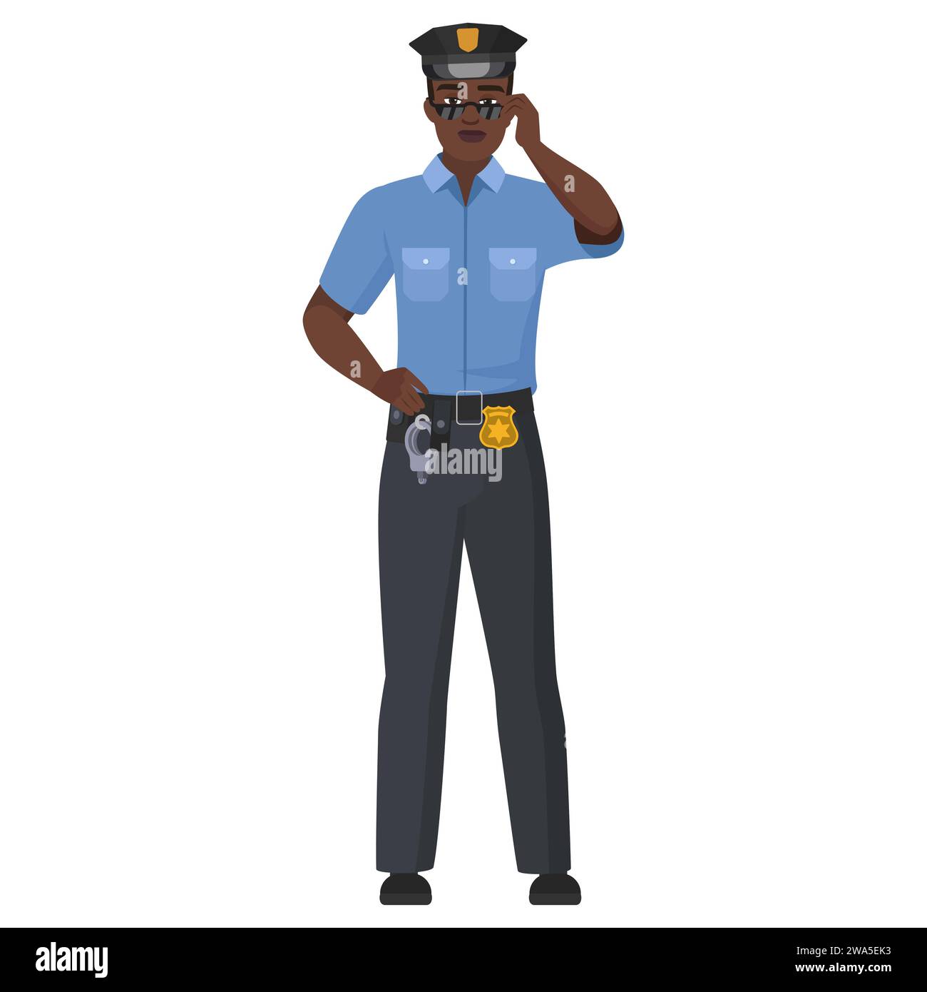 Black policeman wearing sunglasses. Cool male police officer cartoon vector illustration Stock Vector