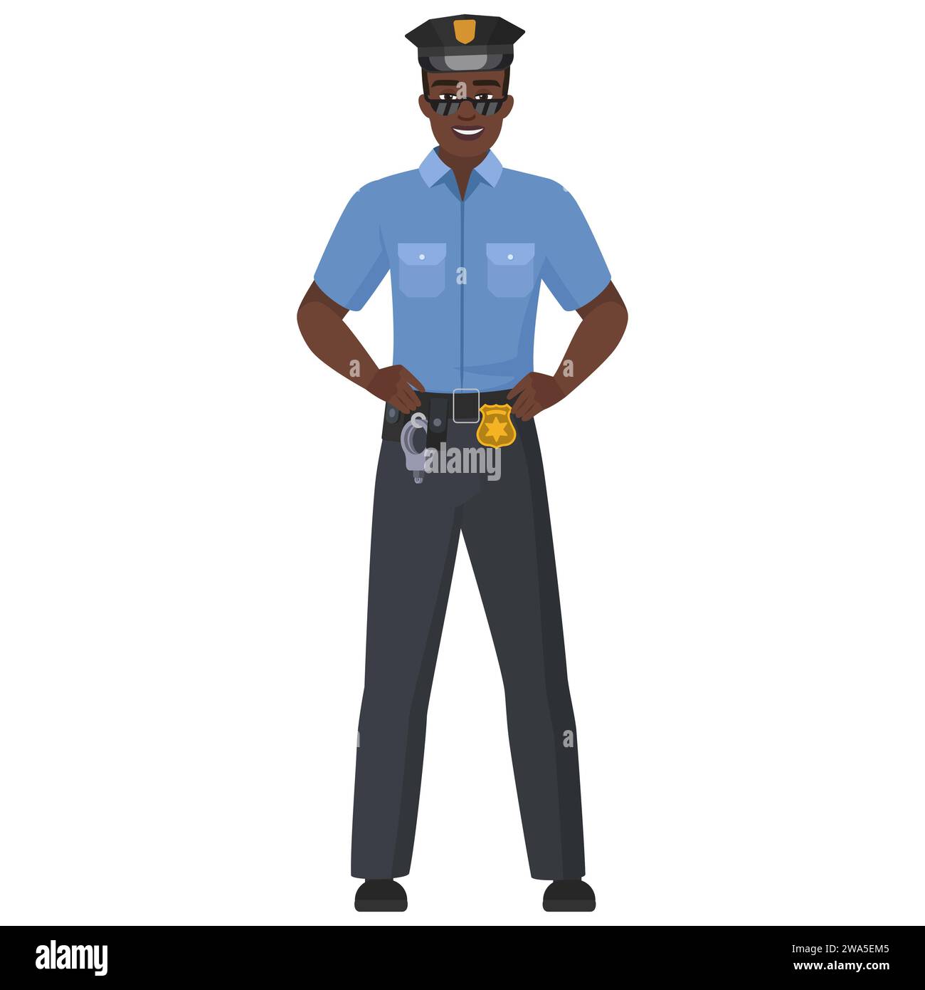 Smiling black policeman with hands on hips. Confident male police officer cartoon vector illustration Stock Vector