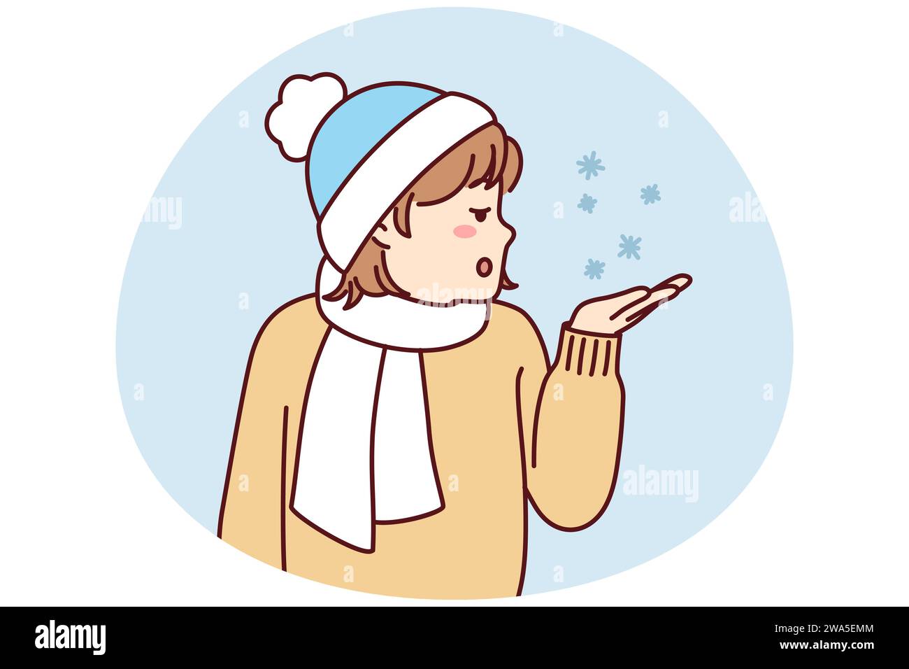 Little teen girl stretches out palm to pick up snowflakes standing outdoors in cold weather. Child in hat and scarf enjoys winter holidays and looks with surprise at falling snow. Flat vector image Stock Vector