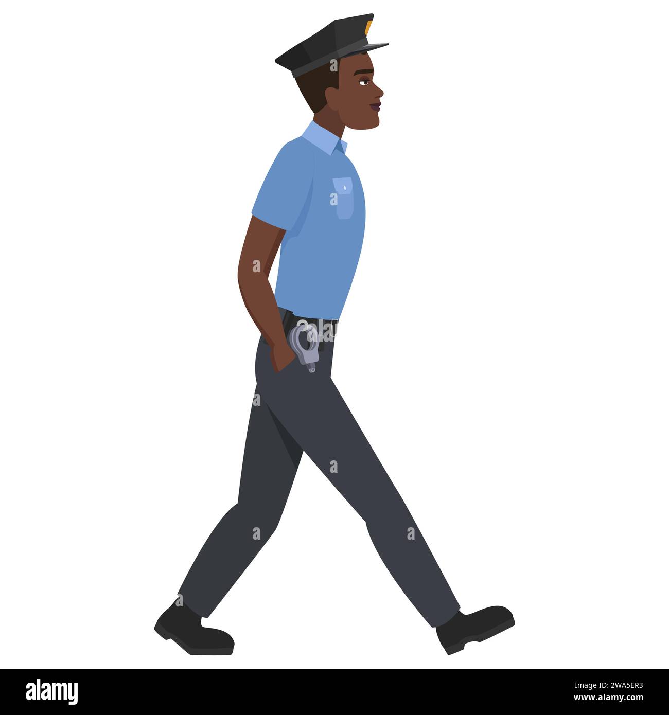 Side view of walking black policeman. Male african police officer cartoon vector illustration Stock Vector