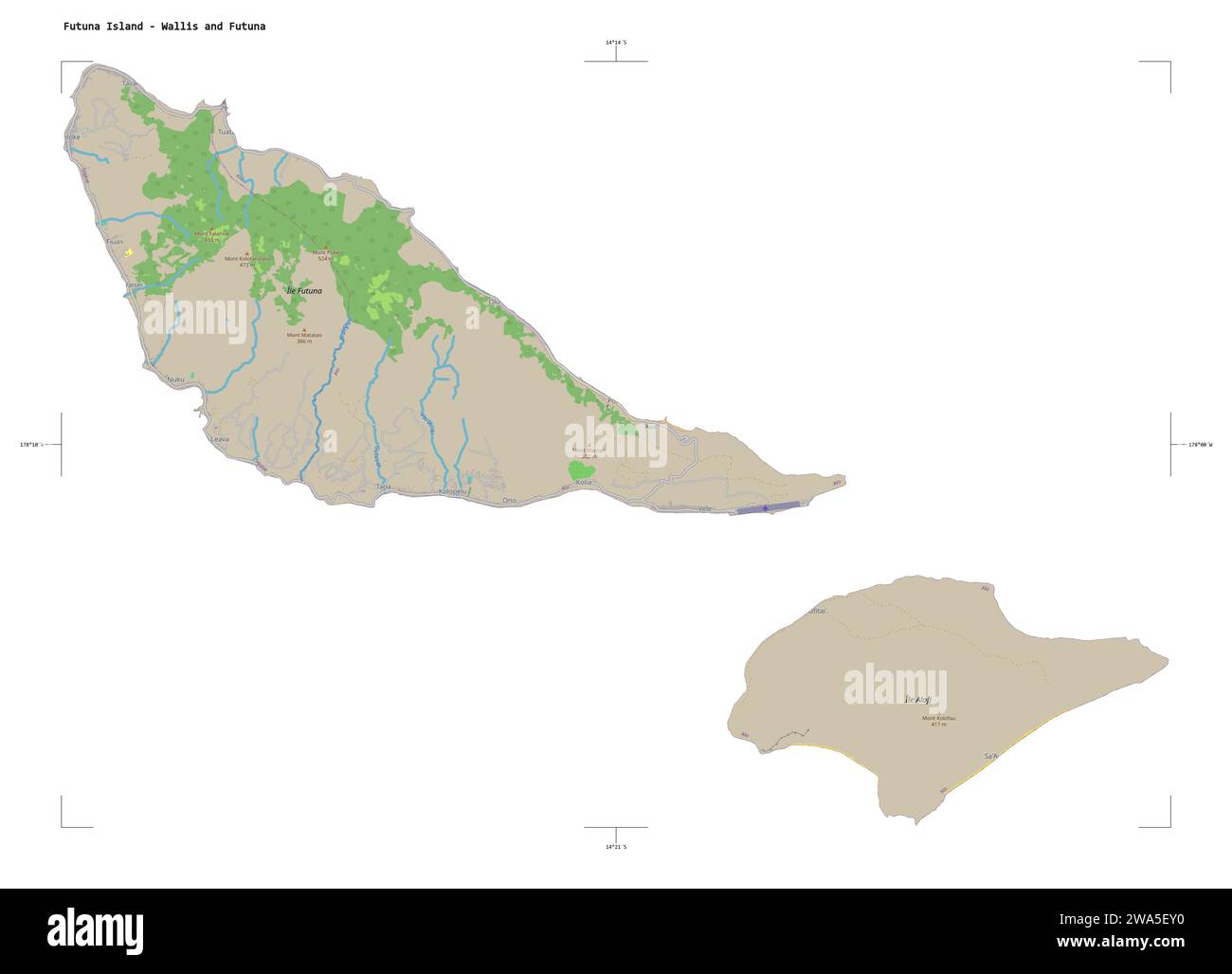 Shape of a topographic, OSM standard style map of the Futuna Island ...