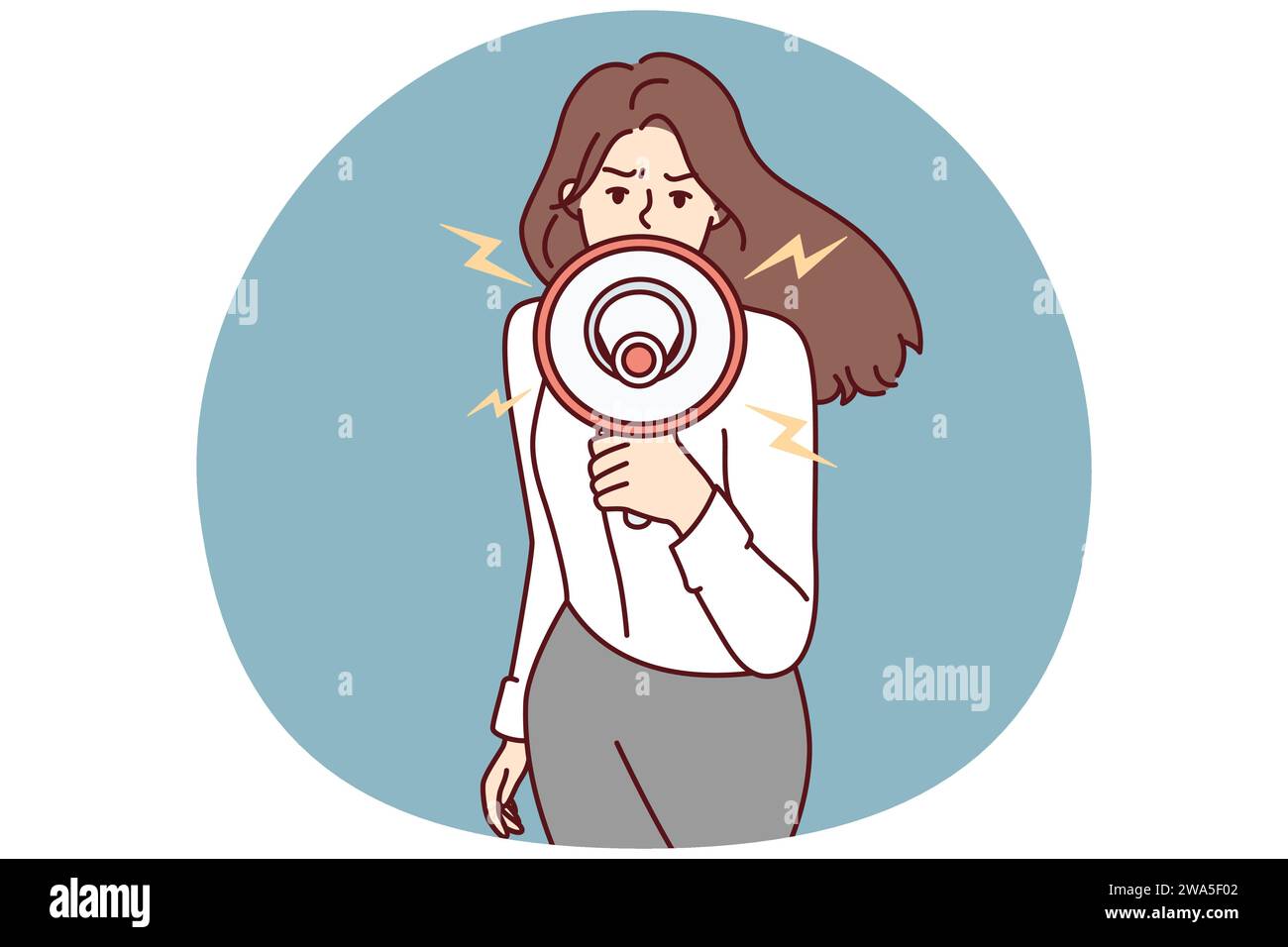 Courageous woman shouting megaphone speaking at civil protest and calling people to action. Long-haired girl holds gramophone in hand and shouts loudly to warn of danger. Flat vector illustration Stock Vector