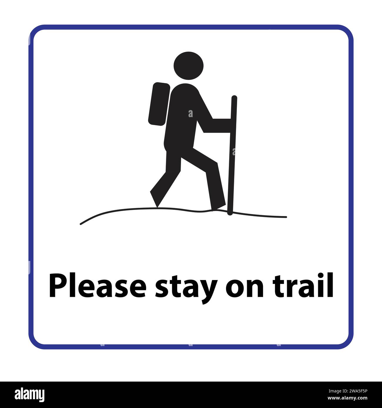 Silhouette of a person with backpack and trekking pole on a pathway, please stay on trail symbol Stock Vector