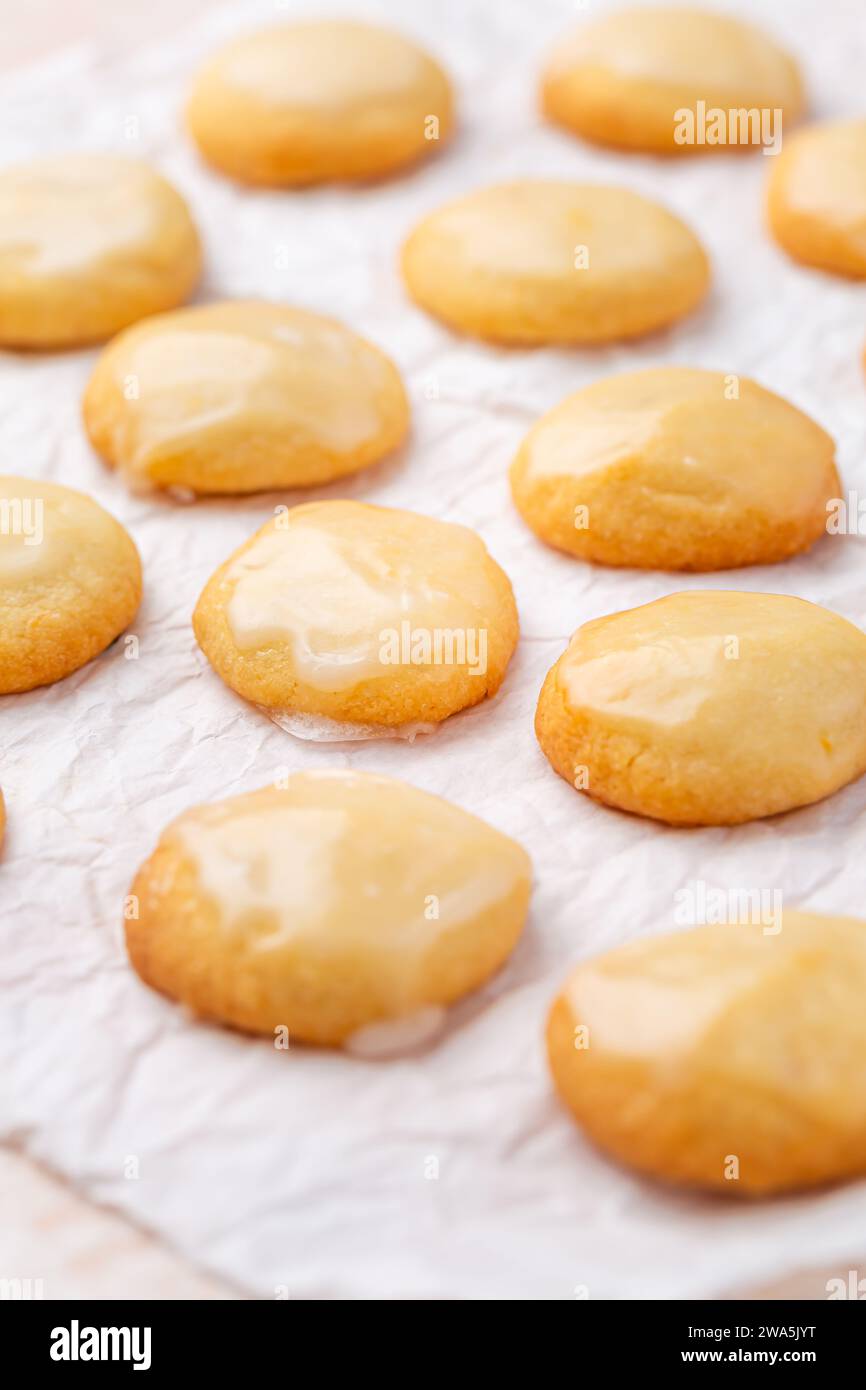 Homemade freshly baked citrus cookies  with lemon icing Stock Photo