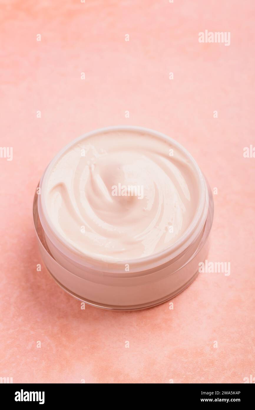 Face cream moisturizer in a jar, luxury skincare cosmetics and anti-aging product for healthy skin and beauty routine. Top view. Stock Photo