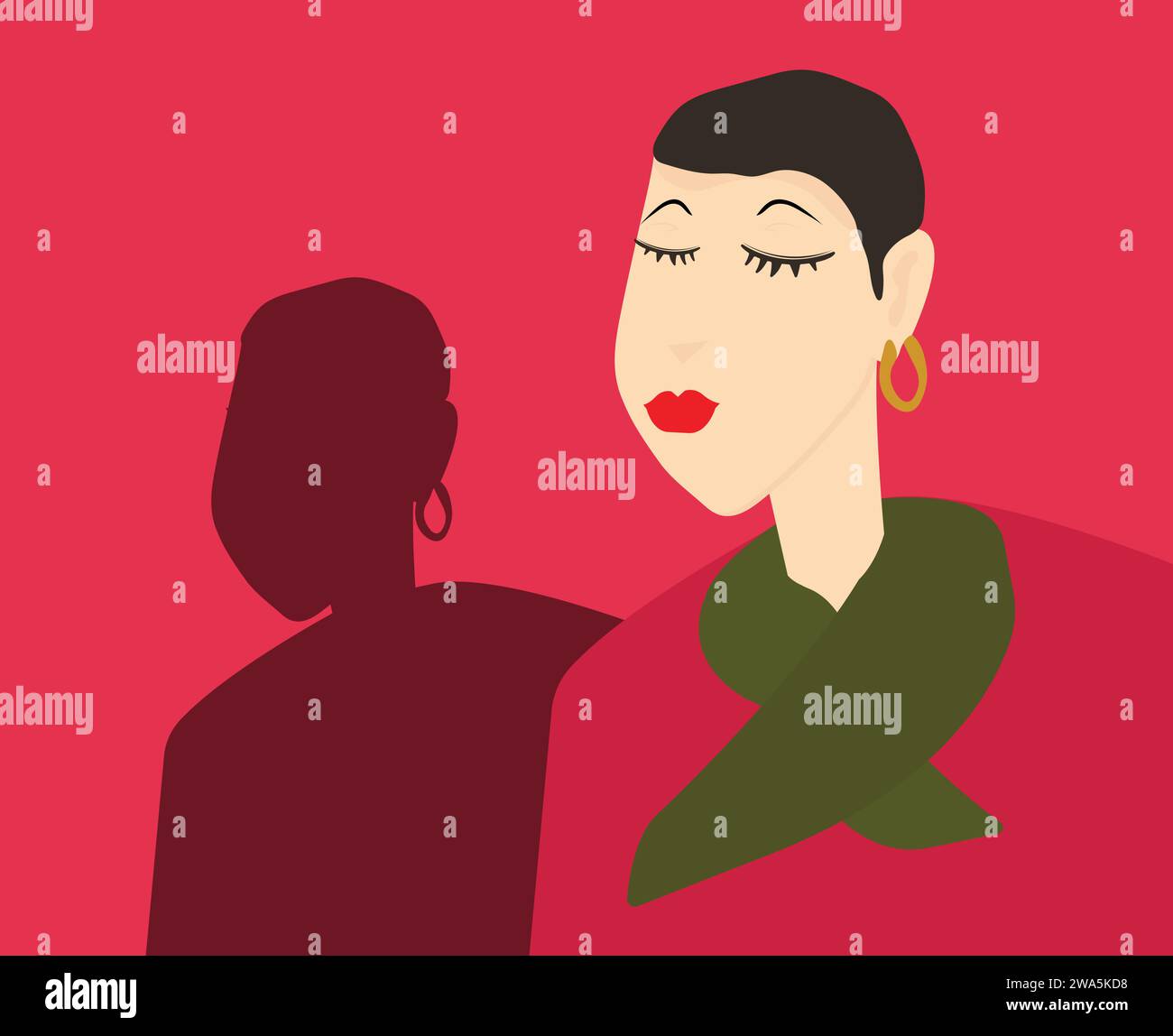 illustration woman with short hair with earring and red blouse and green scarf Stock Vector