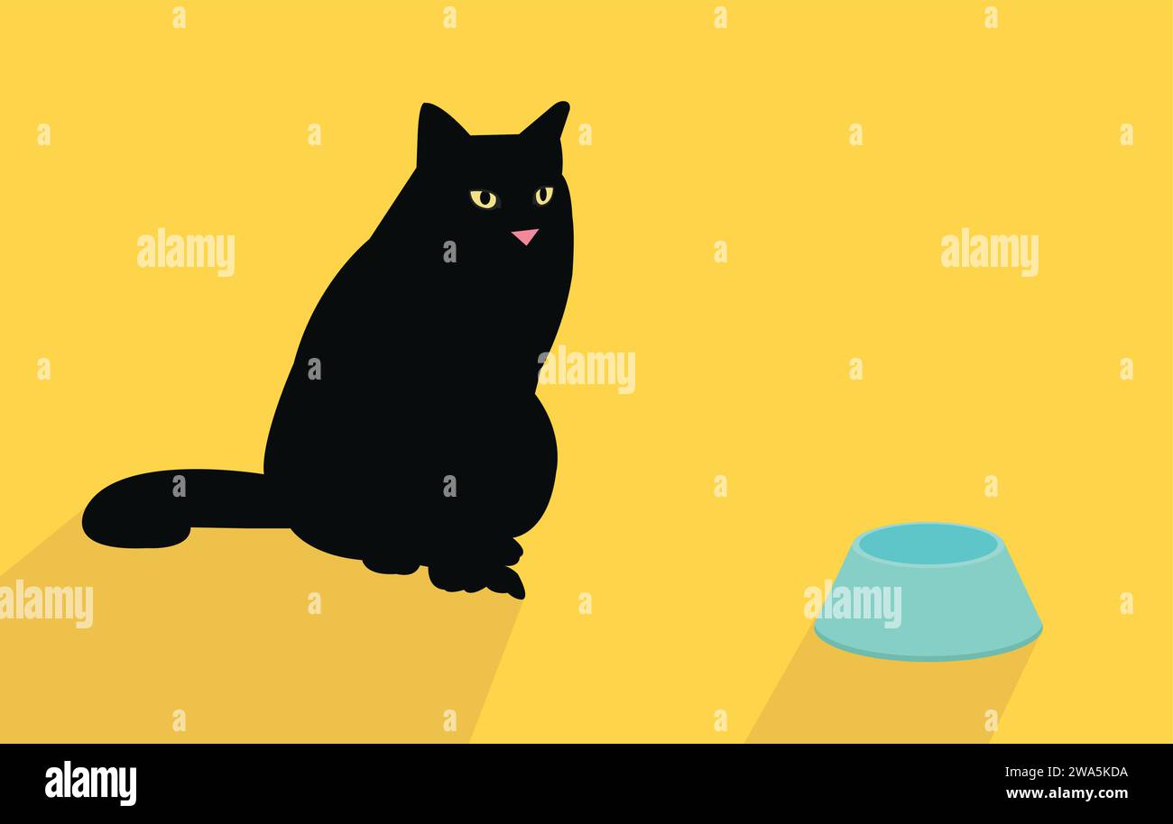 black cat sitting in front of a pot of water yellow background. Stock Vector