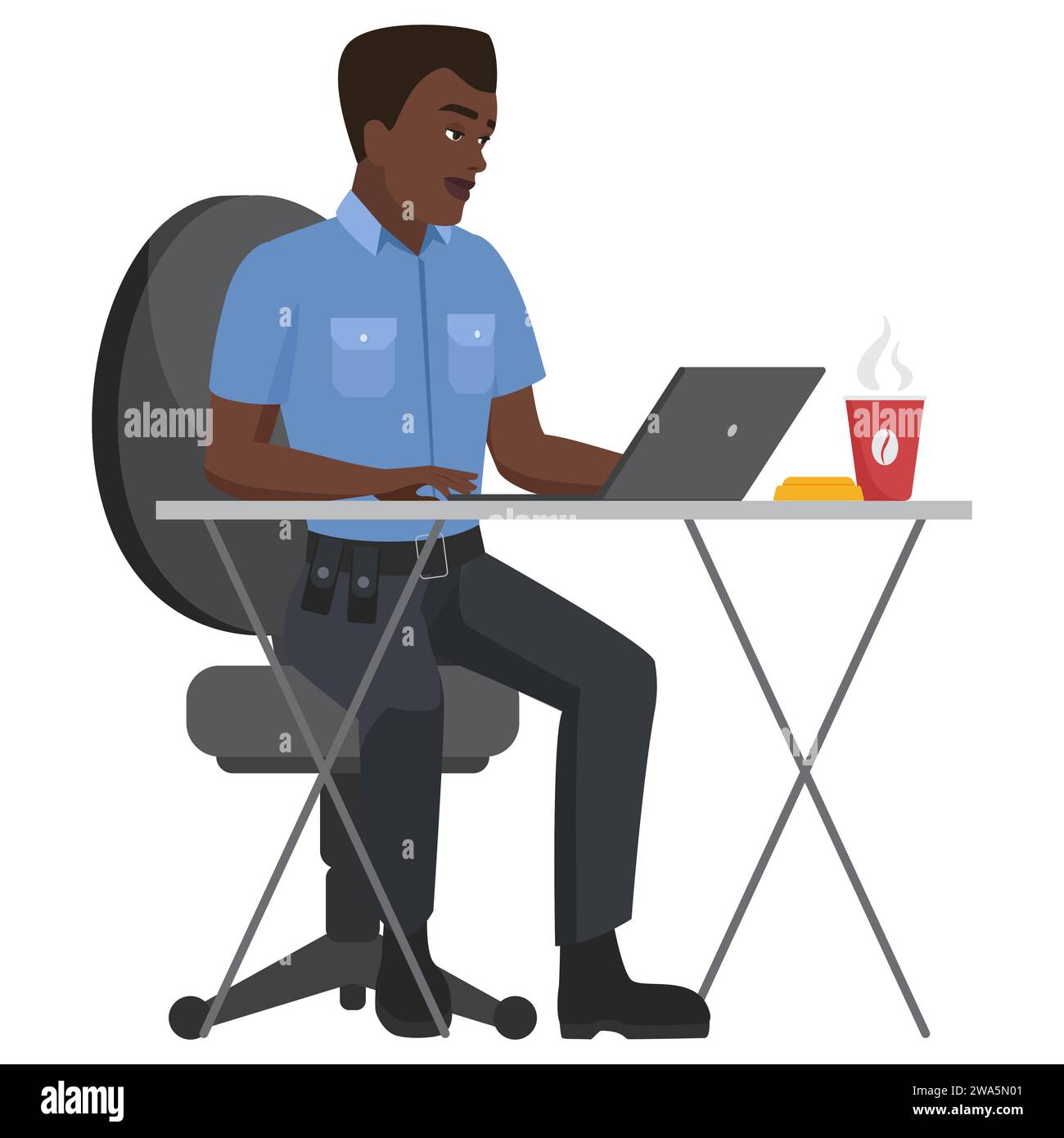 Black policeman officer working at table. Male police worker in office cartoon vector illustration Stock Vector